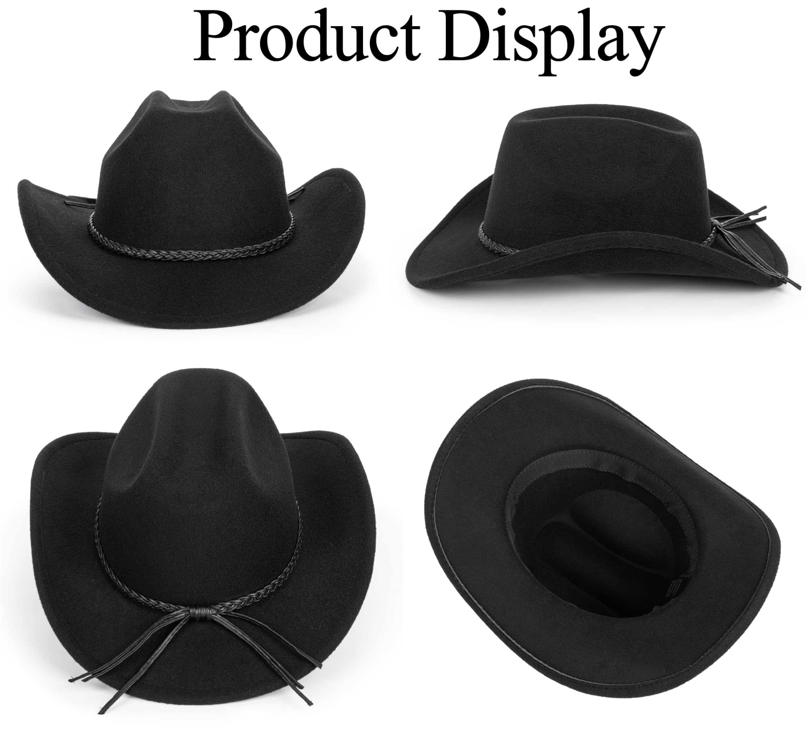Vintage Western Cowboy Hat for Men Women - Wide Brim Cowgirl Fedora Hats with Braided Rope Band M