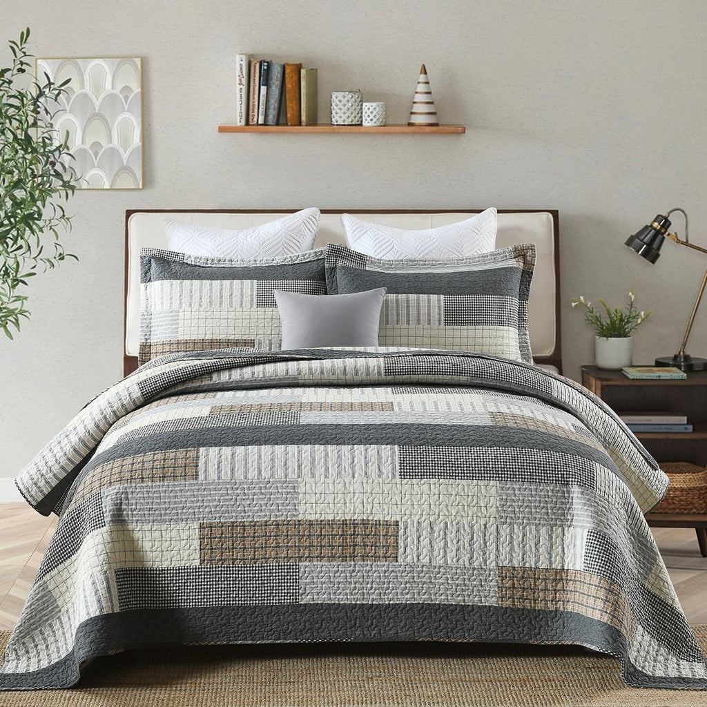 Y-PLWOMEN 100% Cotton Farmhouse Plaid Lightweight 3-Pieces Quilt Set (Blue Brown, Queen90 * 98 Inch)