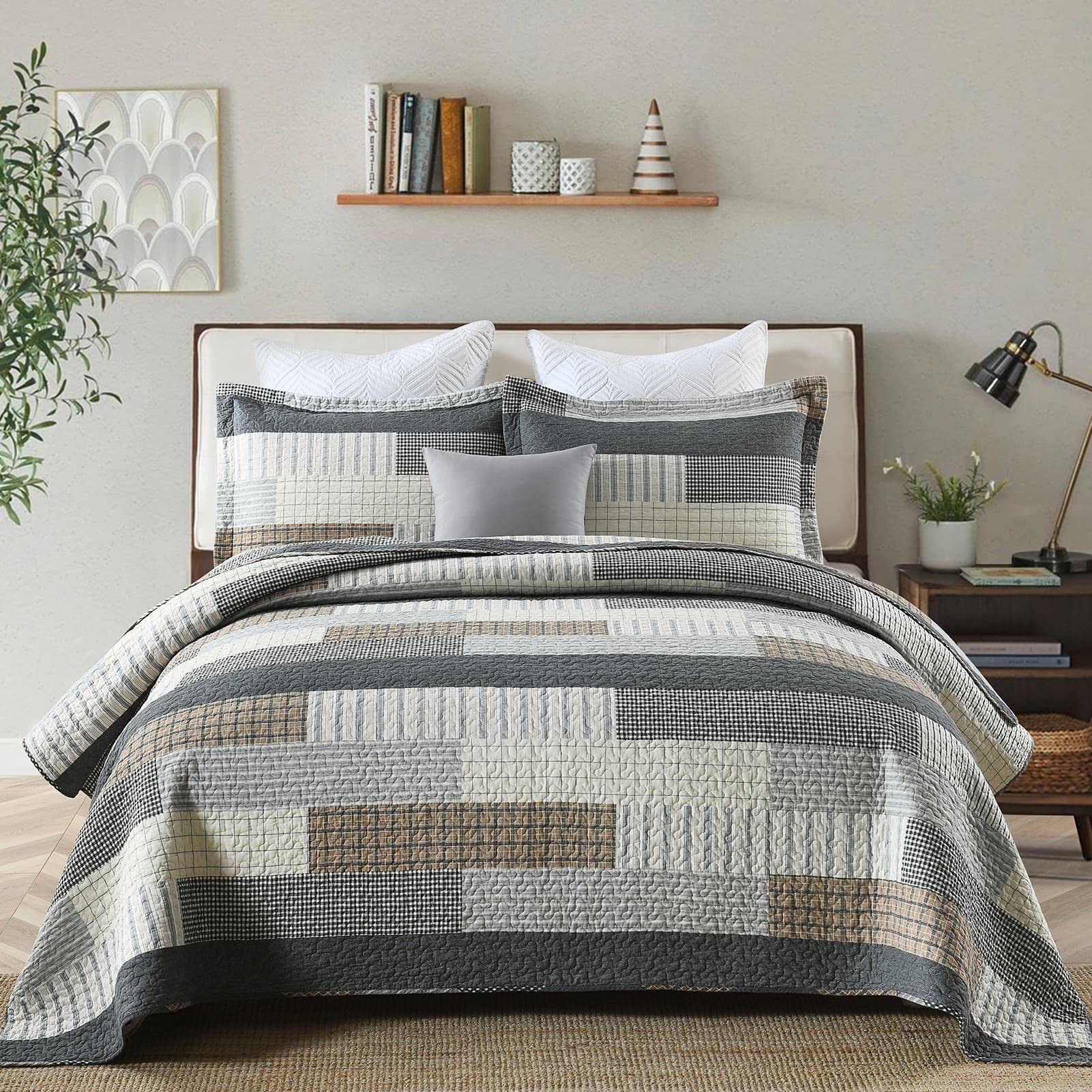 Y-PLWOMEN 100% Cotton Farmhouse Plaid Lightweight 3-Pieces Quilt Set (Blue Brown, Queen90 * 98 Inch)