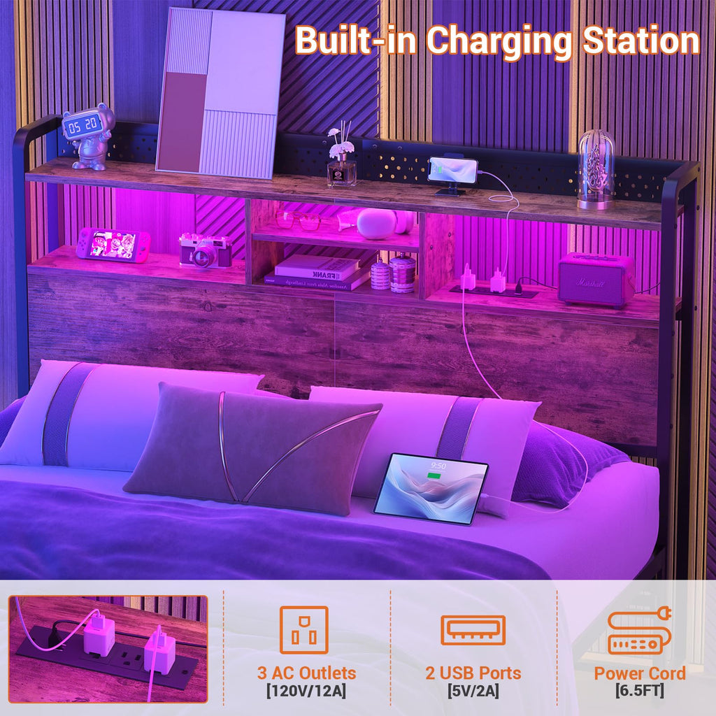Unikito Headboard for Queen Size Bed with Storage Shelf, Head Board with 3 Outlets and 2 USB Ports, Headboards with RGB LED Light, Height Adjustable, Sturdy and Stable, Easy Assembly, Black