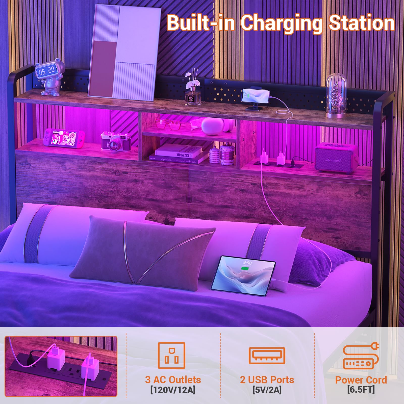 Unikito Headboard for Queen Size Bed with Storage Shelf, Head Board with 3 Outlets and 2 USB Ports, Headboards with RGB LED Light, Height Adjustable, Sturdy and Stable, Easy Assembly, Black