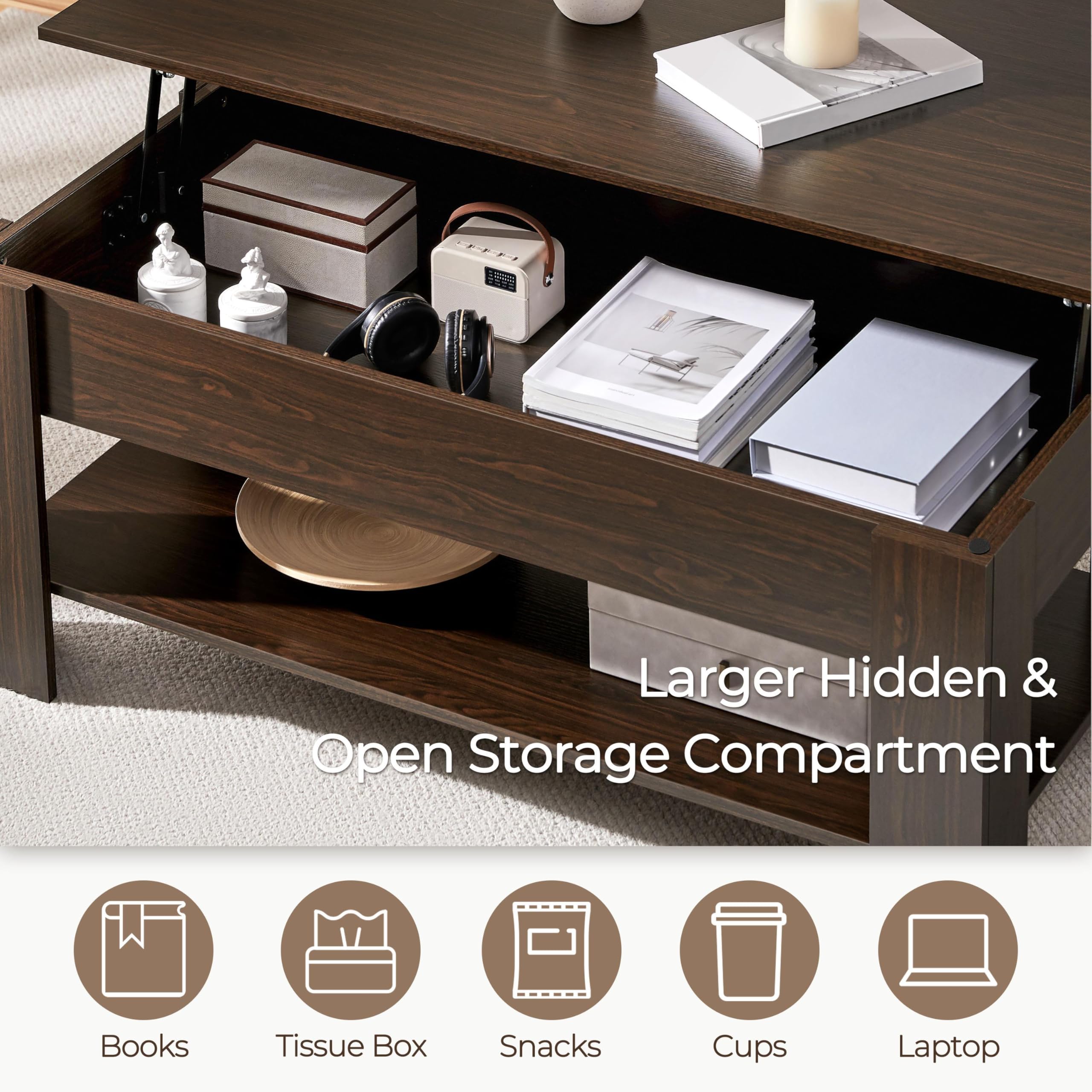 Yaheetech Wooden Coffee Table, Lift Top Coffee Table with Large Hidden Storage Shelf, Lift Tabletop Dining Tables for Living Room, Home Small Space, 38.6in, Black
