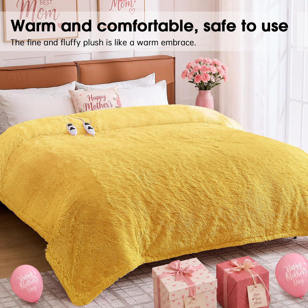 Heated Electric Blanket Queen–Faux Fur with Soft Thick SherpaWarm Winter Birthday Gifts for Women Grandma,Dual Control,10 Heat Settings,5 Time Settings, 84x90, Beige