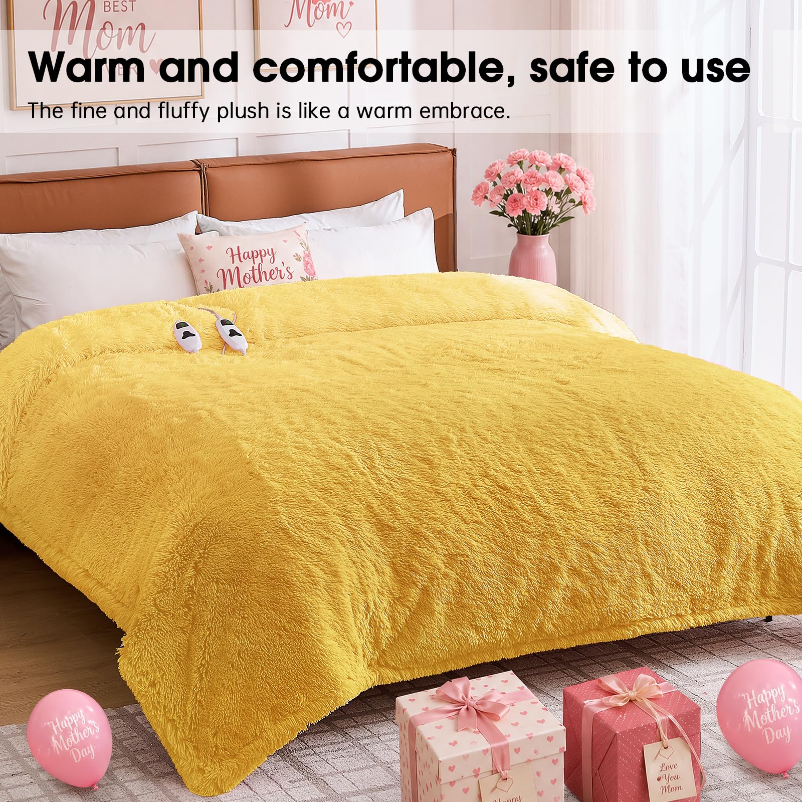 Heated Electric Blanket Queen–Faux Fur with Soft Thick SherpaWarm Winter Birthday Gifts for Women Grandma,Dual Control,10 Heat Settings,5 Time Settings, 84x90, Beige