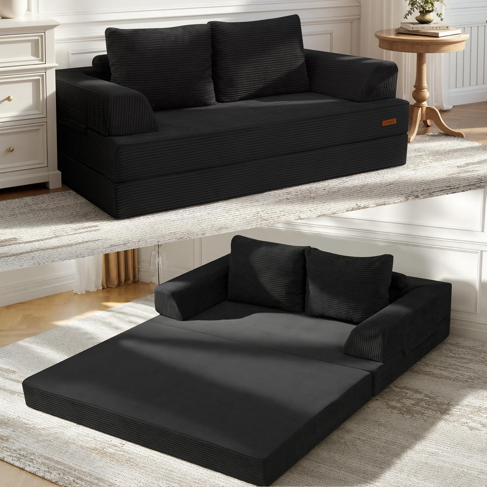 COMAX Futon Sofa Bed, 4‑in‑1 Convertible Sofa Bed, Folding Boneless Couches | Boneless Couch for living room, Fold Out Small Foldable Loveseat Floor Sleeper Mattress Lounge Space‑Saving, Ash Gray