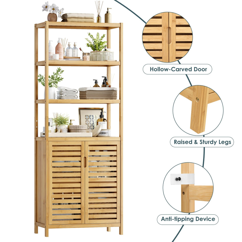 HIFIT Tall Bathroom Storage Cabinet, 66" Bamboo Narrow Bathroom Floor Cabinet with 2 Door & 4-Tier Open Shelves, Corner Tall Cabinets Freestanding Organizer Unit for Bath, Living Room, Entryway,Nature