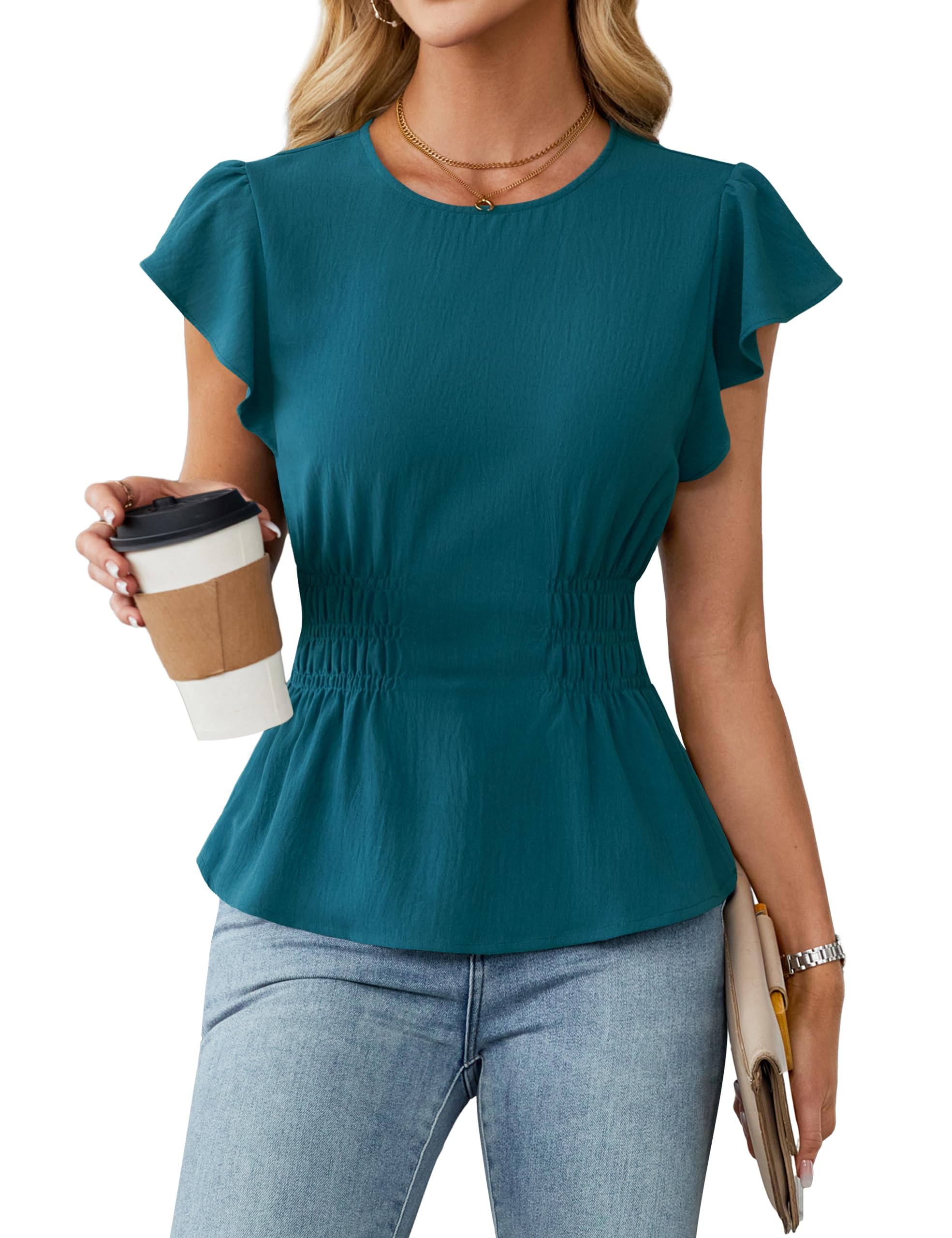 Blooming Jelly Women's Dressy Casual Blouses Business Ruffle Short Sleeve Tops Summer Crew Neck Smocked Shirts
