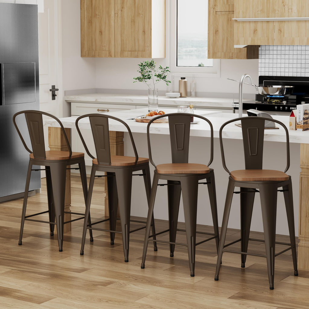 Alunaune 24" Swivel Metal Bar Stools Set of 4 High Back Counter Height Barstools Industrial Dining Bar Chairs with Large Wooden Seat-Matte Black