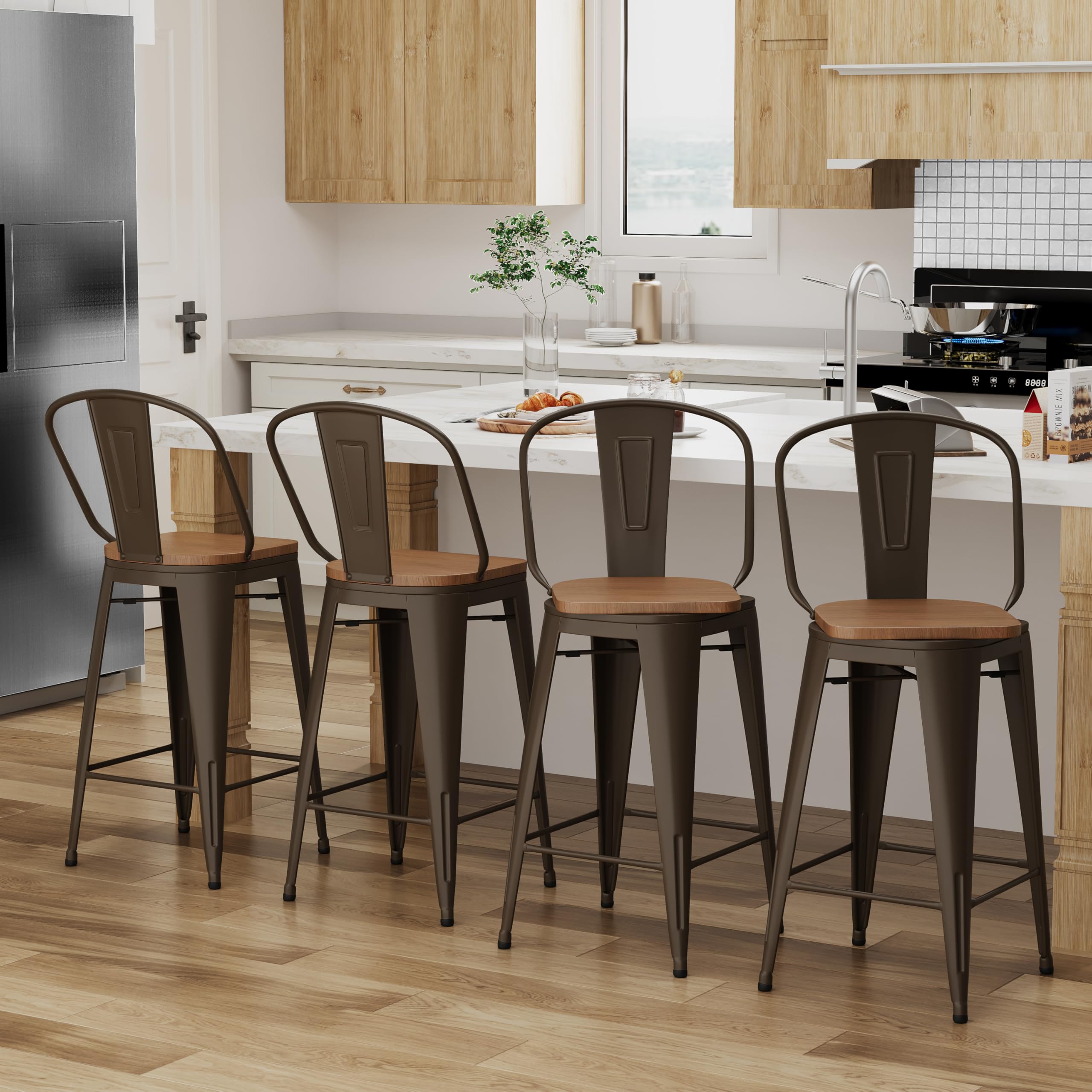 Alunaune 24" Swivel Metal Bar Stools Set of 4 High Back Counter Height Barstools Industrial Dining Bar Chairs with Large Wooden Seat-Matte Black