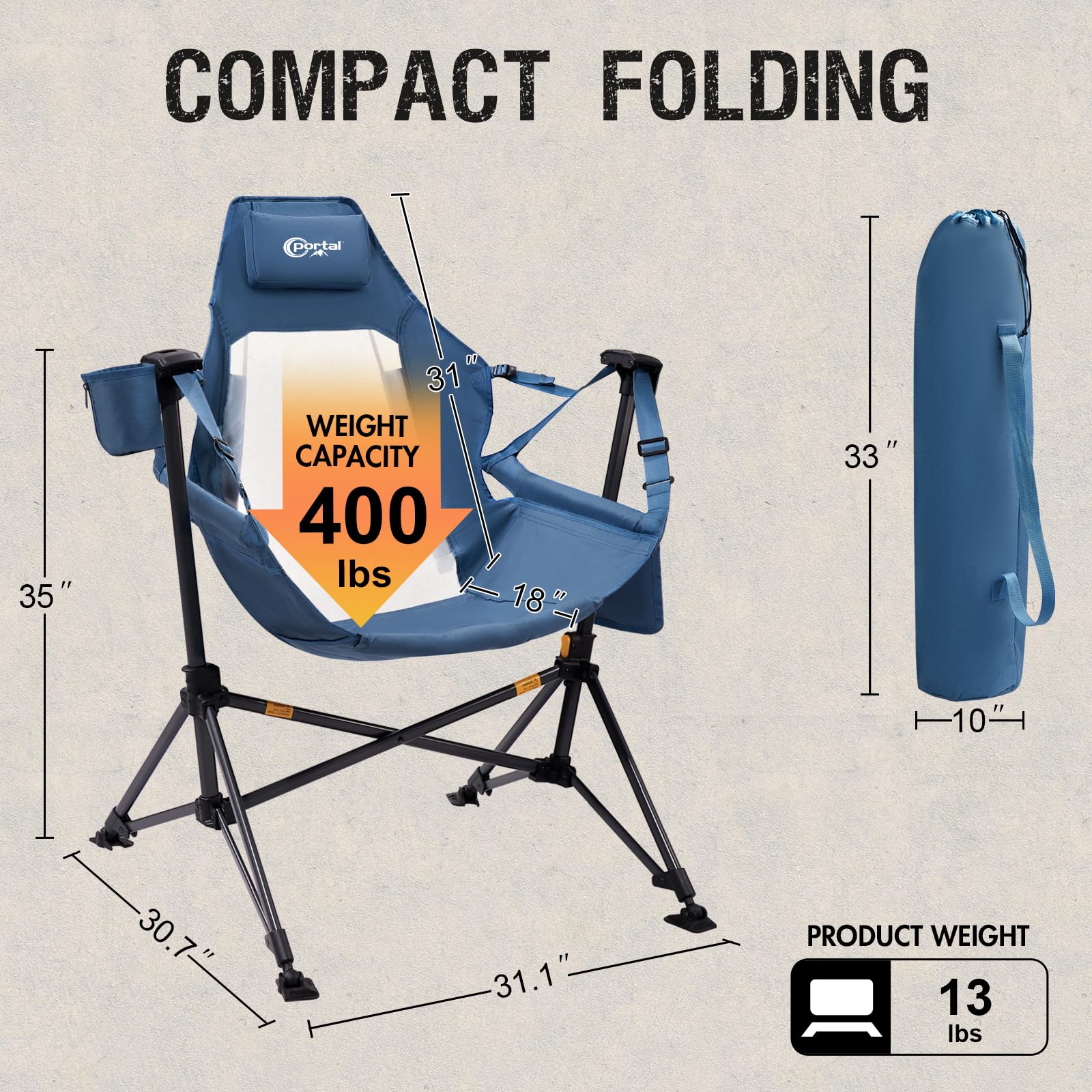 Portal Hammock Camping Chair, Portable Outdoor Swinging Chairs with Adjustable Back and Height for Lawn, Backyard, Patio, Supports 400 lbs, Breathable Mesh High Back, Blue