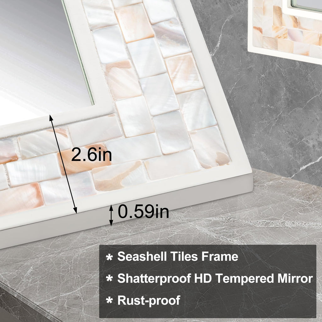 Tanmicoshomy Round Wall Mirror 24 Inch,Circle Mosaic Mirror with Natural Mother of Pearl and Wood Frame, Decorative Coastal Round Wall Mirror for Bathroom Bedroom Living Room Entryway