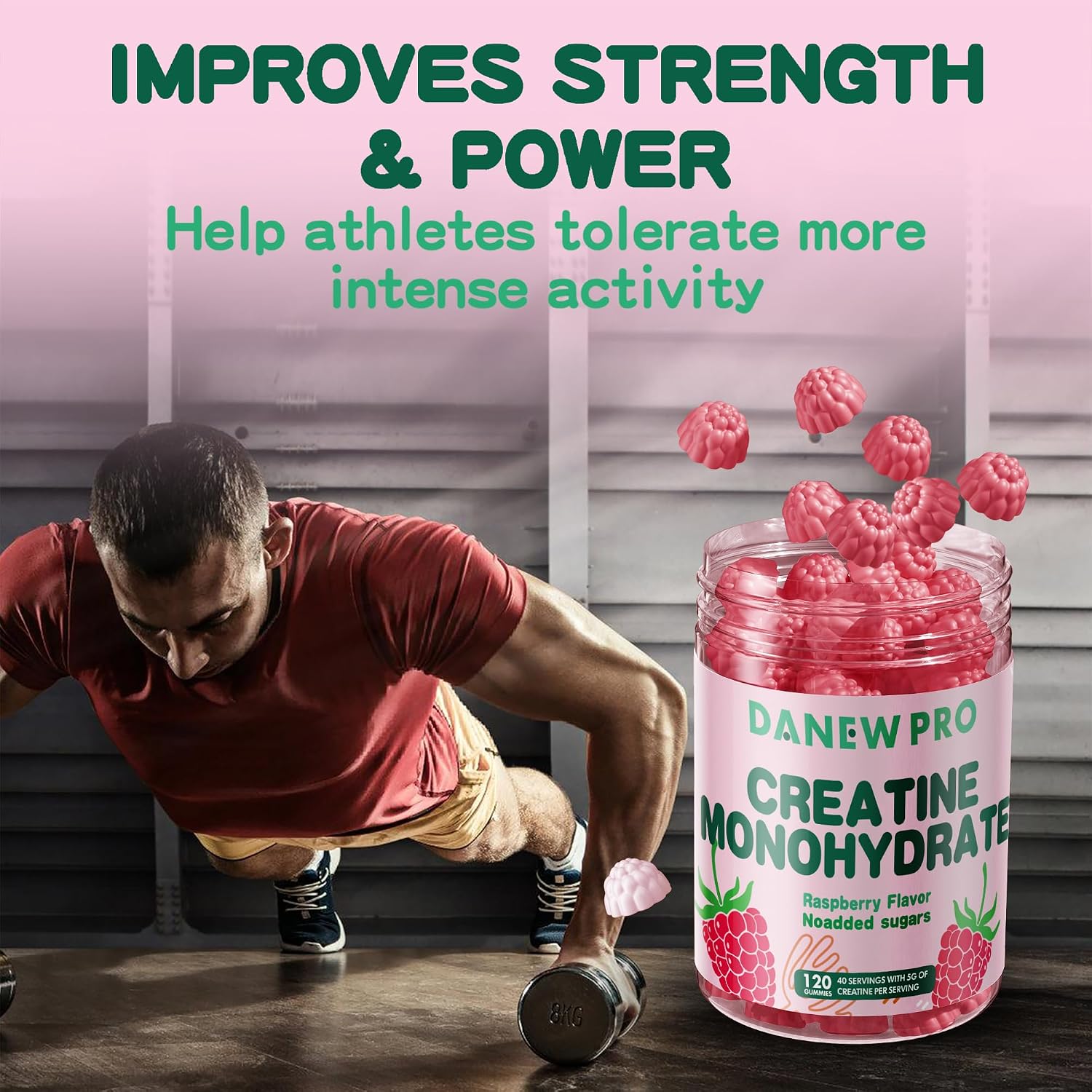 NSF Certified Creatine Gummy 5g - Creatine Monohydrate Gummies for Men & Women, Creatine Monohydrate for Muscle Strength, Muscle Builder, Energy Boost, Pre-Workout Supplement(120 Count)-Raspberry