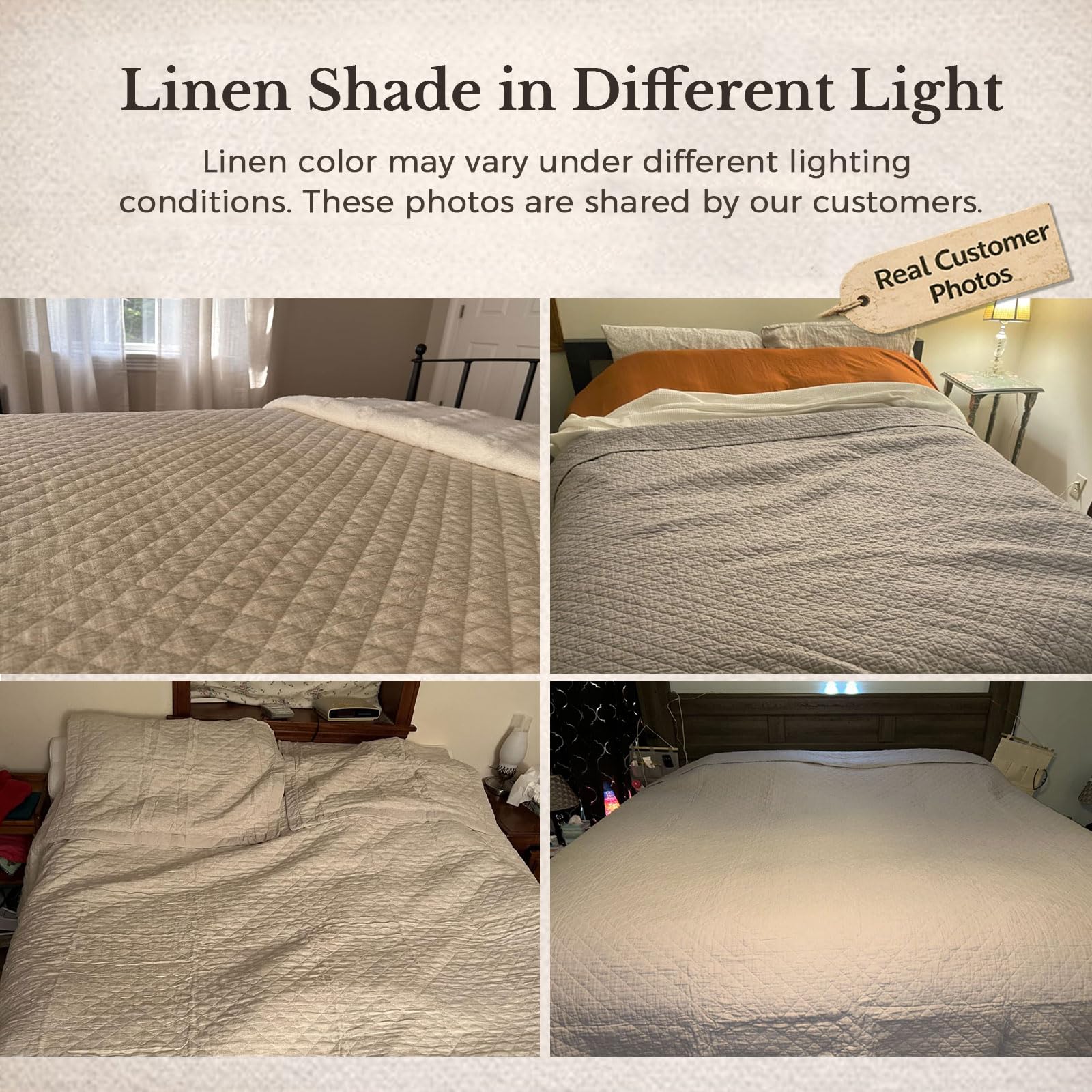 Grassix Linen Quilt Set Queen Size 3-Piece, 100% Linen Front & Cotton Back, Prewashed Diamond Stitch Bedspread with 2 Shams, Lightweight Breathable Quilt for Hot Sleepers, Modern Farmhouse Bedding