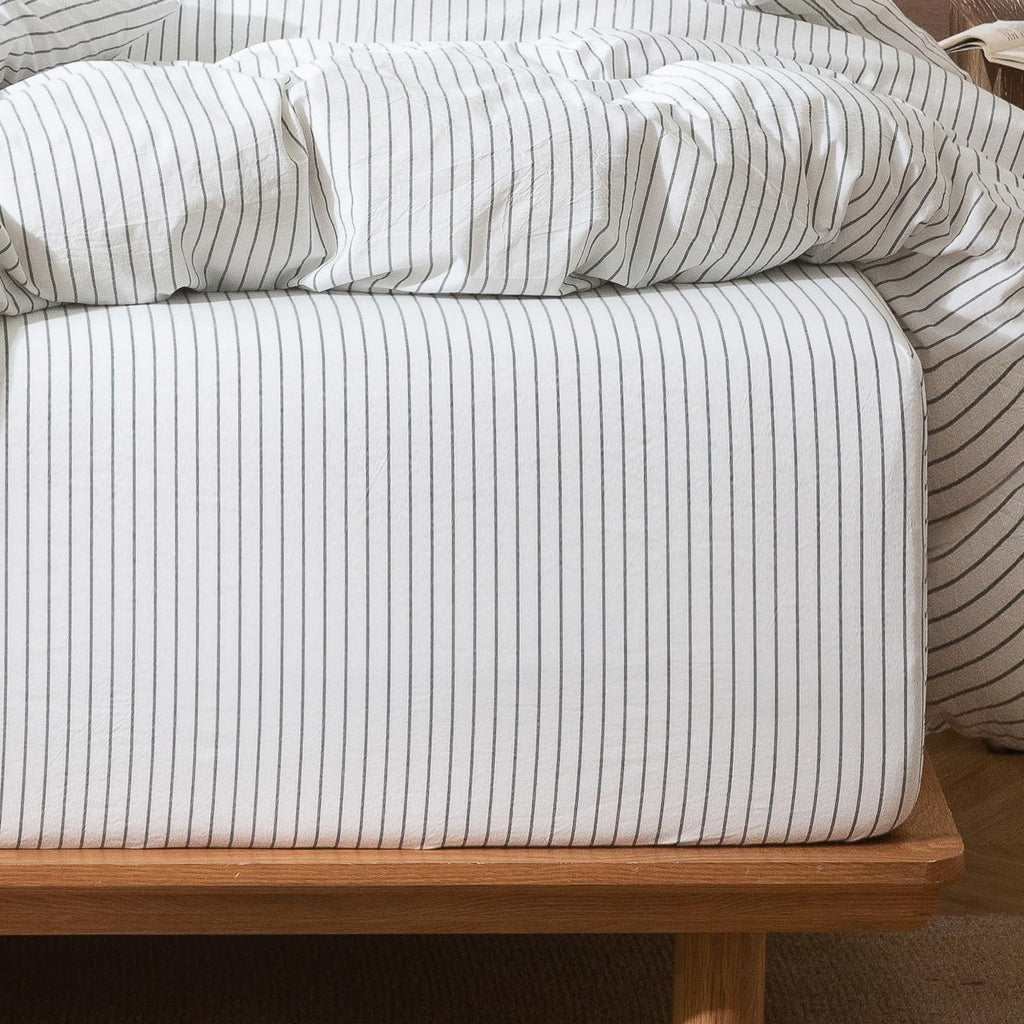 MooMee Fitted Bottom Sheet Only 100% Washed Cotton Linen Like Textured Breathable Durable Soft Comfy Deep Pocket Fits Mattress up to 17" (Almond Milk Grey, Twin)