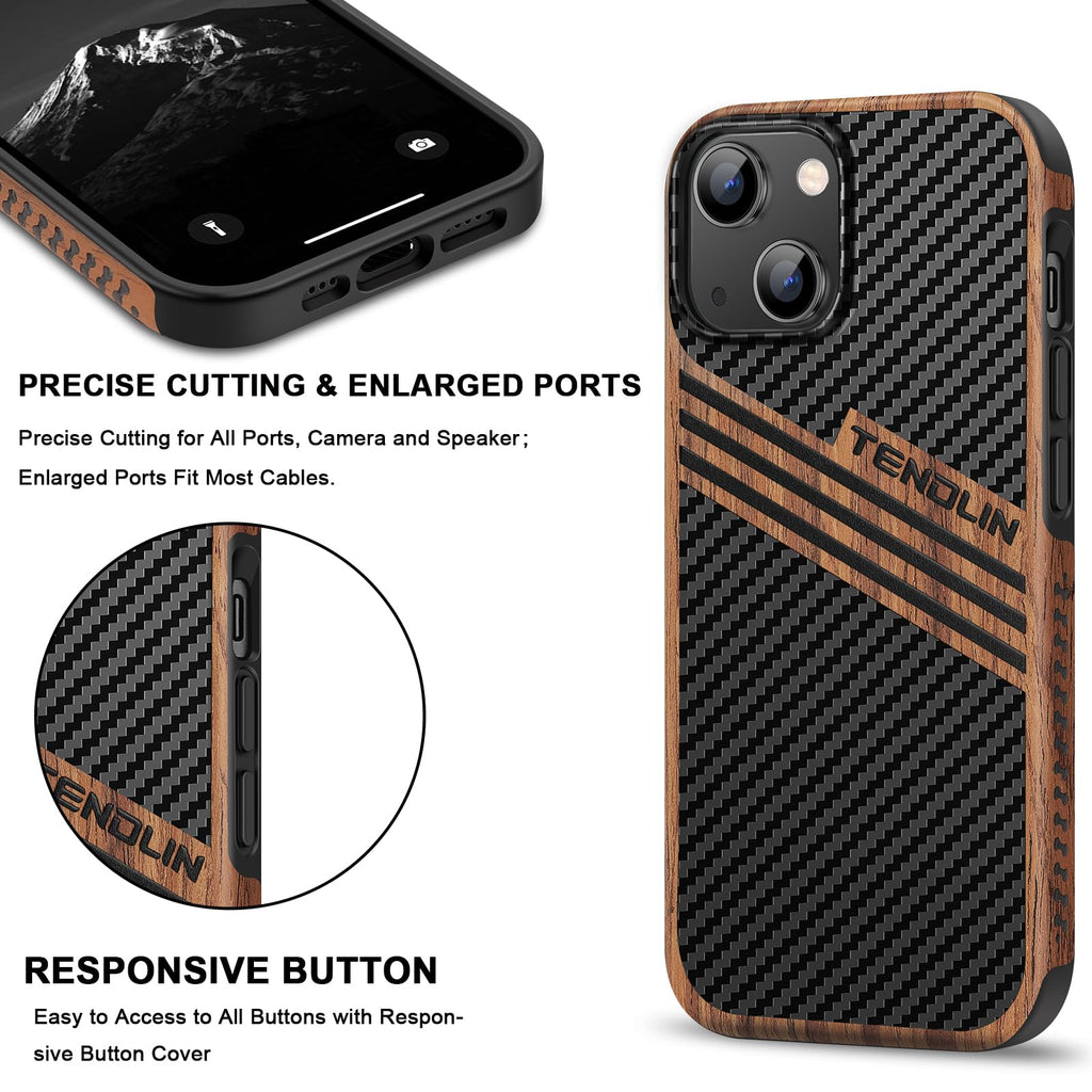TENDLIN Compatible with iPhone 15 Case Wood Grain with Carbon Fiber Texture Design Leather Hybrid Slim Case (Black)