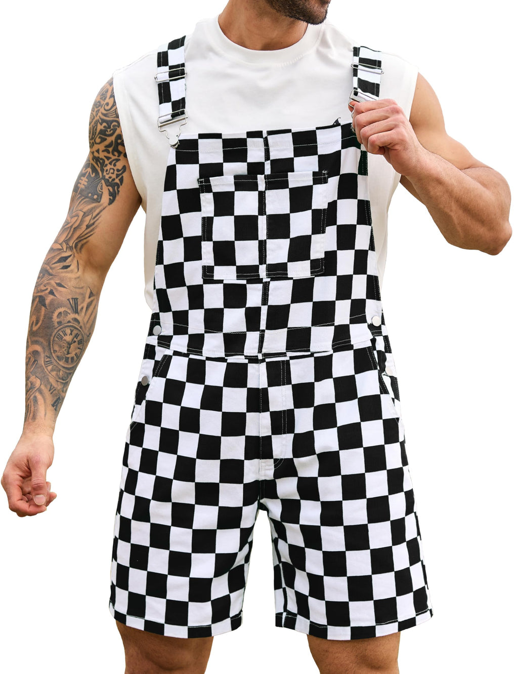 Odefou Checkered Bib Overalls for Men Jumpsuit Shorts Work Coveralls