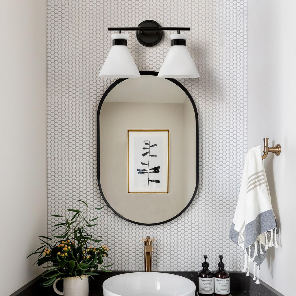 WOSHITU Gold Bathroom Light Fixtures: Modern Vanity Lighting Fixtures 2 Lights for Bathroom Mid Century Vanity Light Sconces Over Mirror with Frosted Milky Glass for Bath Bedroom Makeup