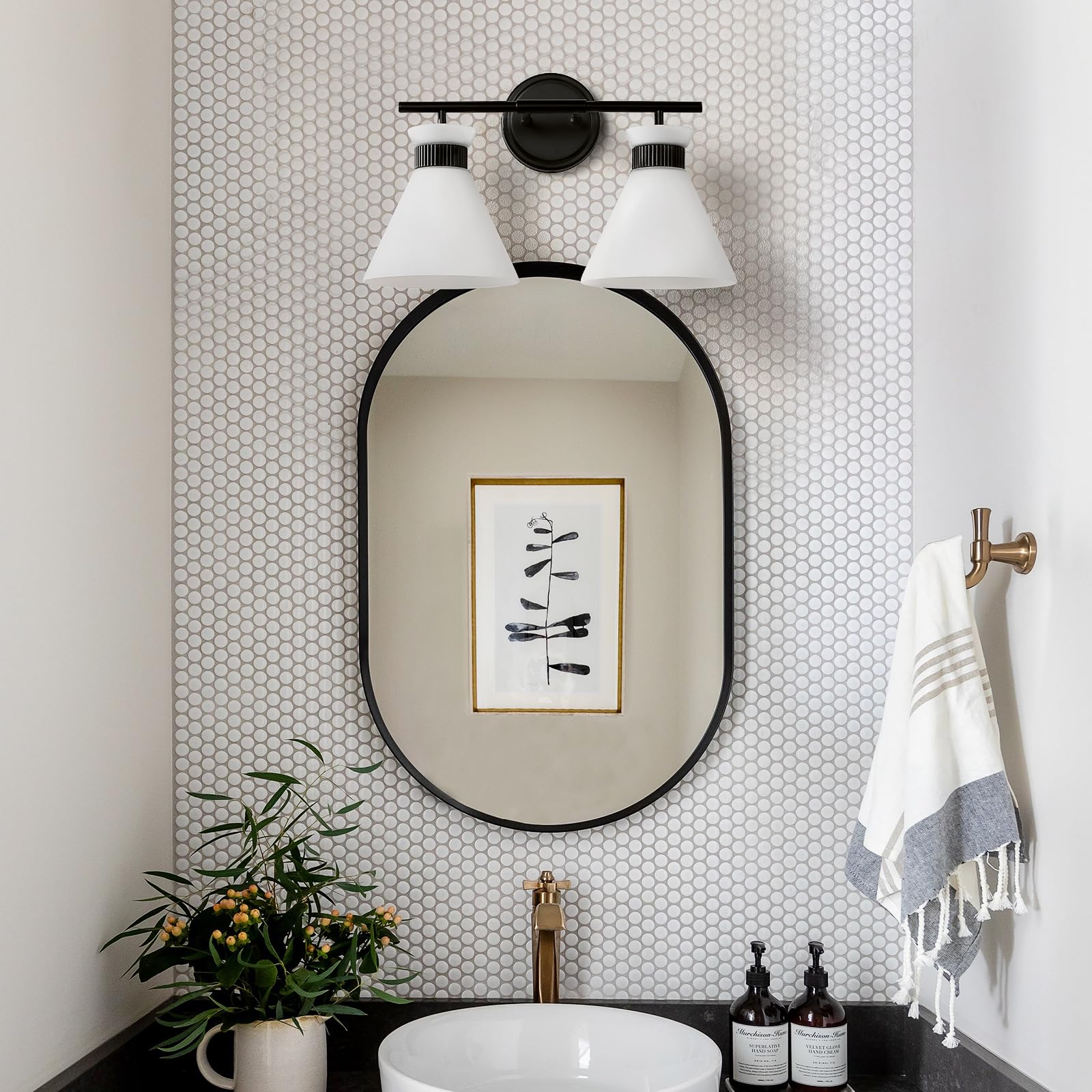 WOSHITU Gold Bathroom Light Fixtures: Modern Vanity Lighting Fixtures 2 Lights for Bathroom Mid Century Vanity Light Sconces Over Mirror with Frosted Milky Glass for Bath Bedroom Makeup