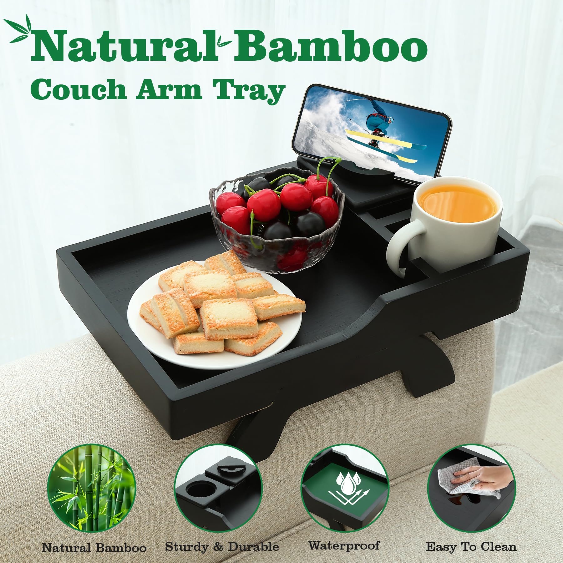 GHKINMAL Couch Cup Holder Tray, 15.4"x9.9" Large 4 in 1 Couch Arm Tray with 360°Rotated Phone Holder, Non-Slip Clip on Side Table for Drinks/Remote/Snacks, Ideal Gift for Husband, Wife, Parents
