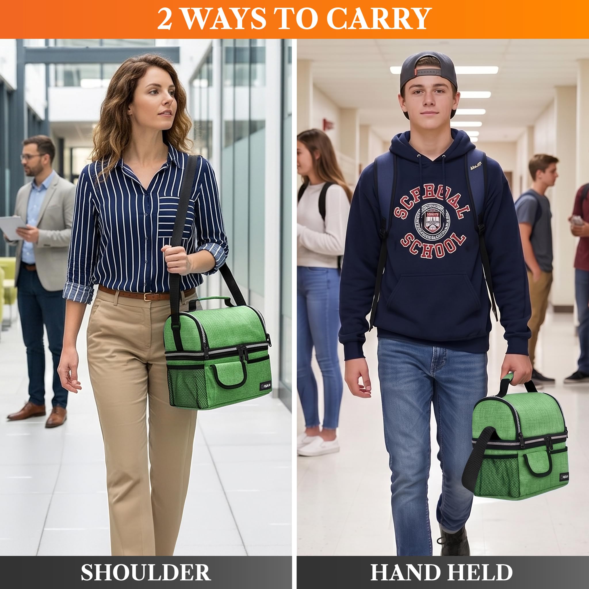 opux Insulated Lunch Bag Women Men, Dual Compartment Leakproof Lunch Box Adults Kids, Double Decker Meal Prep Bento Lunch Cooler Tote with Shoulder Strap for Work Office School Travel, Black