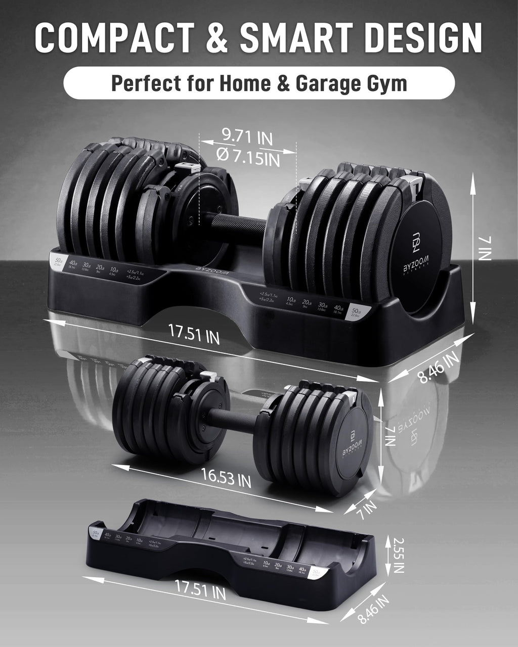 BYZOOM FITNESS Pure Series Adjustable Dumbbell - 12.5/25/27.5/50/55/75lb - ONE UNIT OR PAIR(check QTY before purchase) - 5-in-1/ 10-in-1 / 15-in-1 / 21-in-1 Flexible Hand Weights for Home Apartment Garage Gym, Strength Training & Fitness Workouts, White O