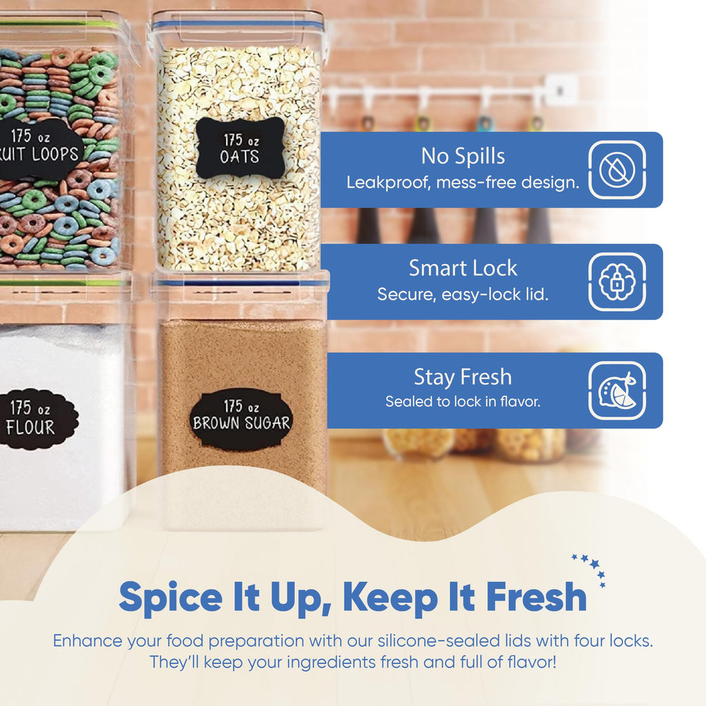 Chef's Path Kitchen Storage Box Set of 4 Extra Large Airtight Food Storage Jars for Sugar Flour Cereal Rice - Measuring Spoons, Pen and Food Preservation Labels (5.2 L)