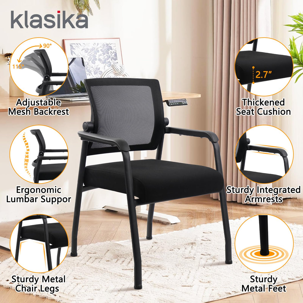 KLASIKA Desk Chair No Wheels with Adjustable Mesh Backrest, Arm Chair with Ergonomic Lumbar Support and Thickened Seats Cushion, Waiting Room Chairs for Office School Church Guest Reception