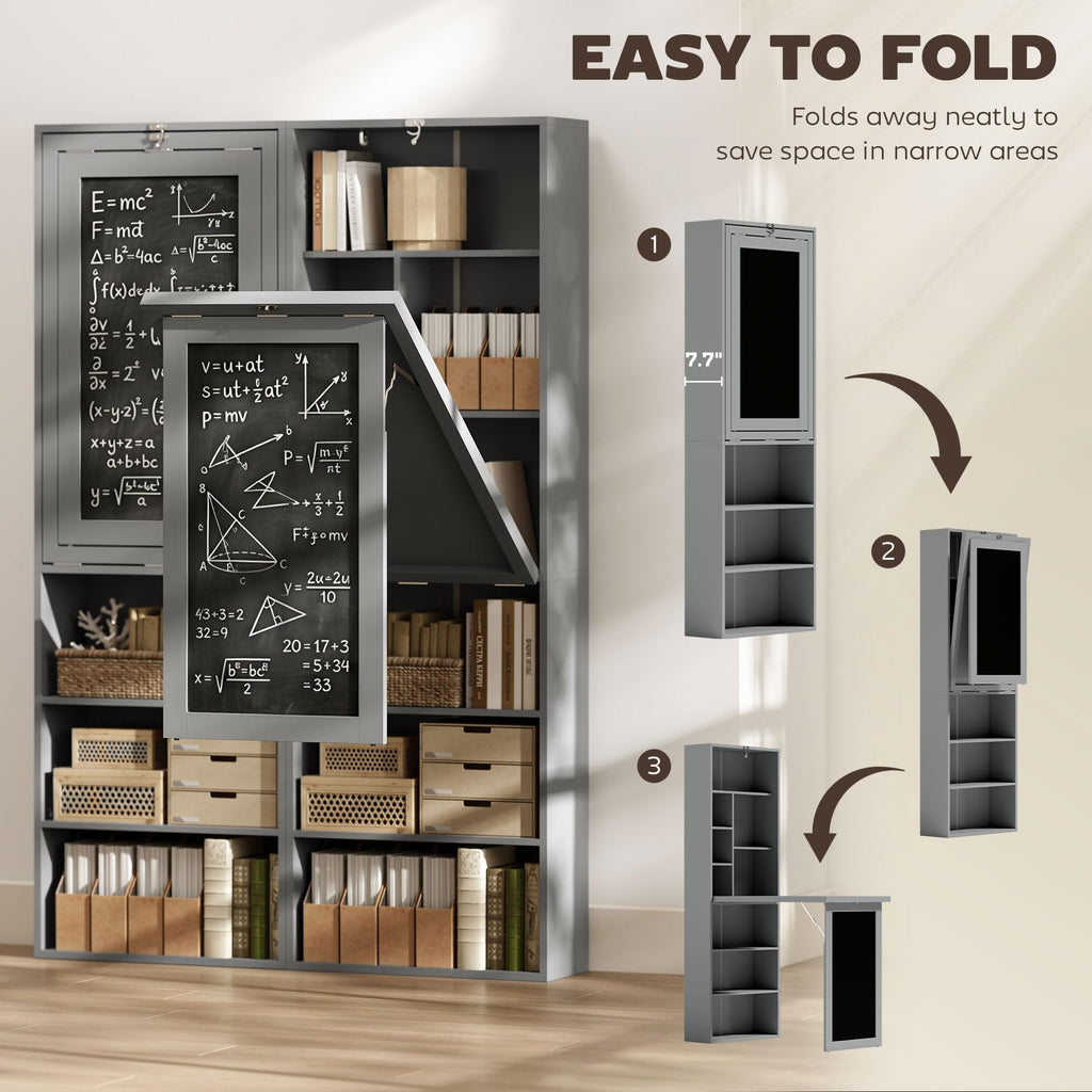 HOMCOM Foldable Convertible Writing Table, Wall Mounted Space-Saving Computer Desk with Chalkboard and Storage Shelves for Small Spaces, Home Office, Bedroom, Dorm, Apartment, Black