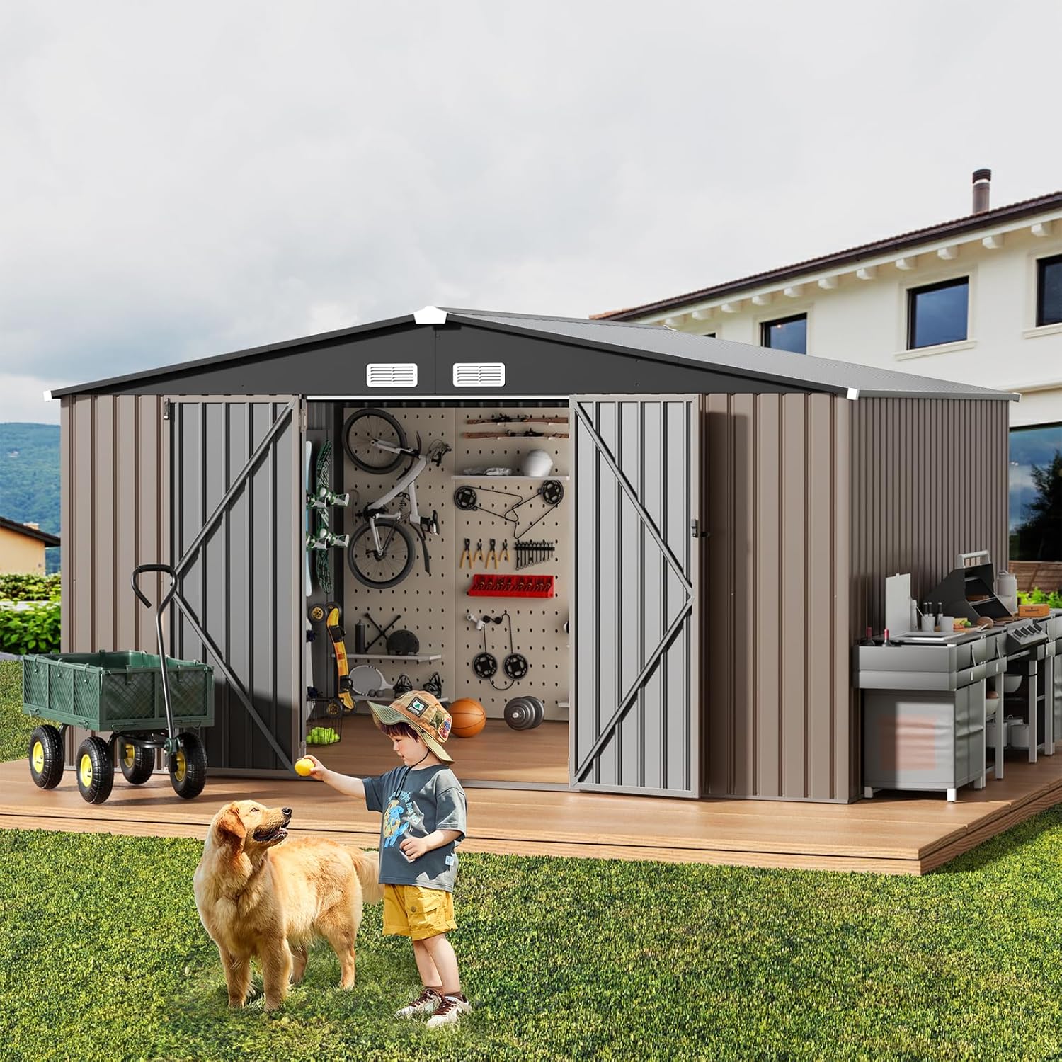 GVDV - Cobertizo de almacenamiento al aire libre de 10 x 12 pies, almacenamiento exterior de metal duradero para jardín, patio y patio trasero, refugio impermeable para herramientas y equipo