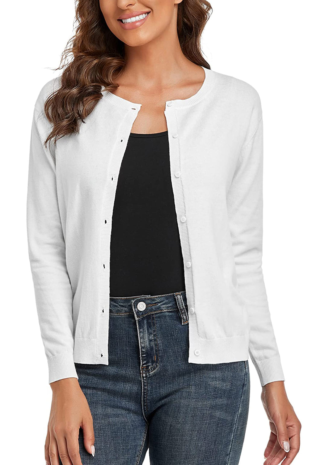 CUNYI Women's Crew Neck Cardigan Long Sleeve Sweater for Women Button Down Soft Knit Ladies Cardigan Sweates Coat