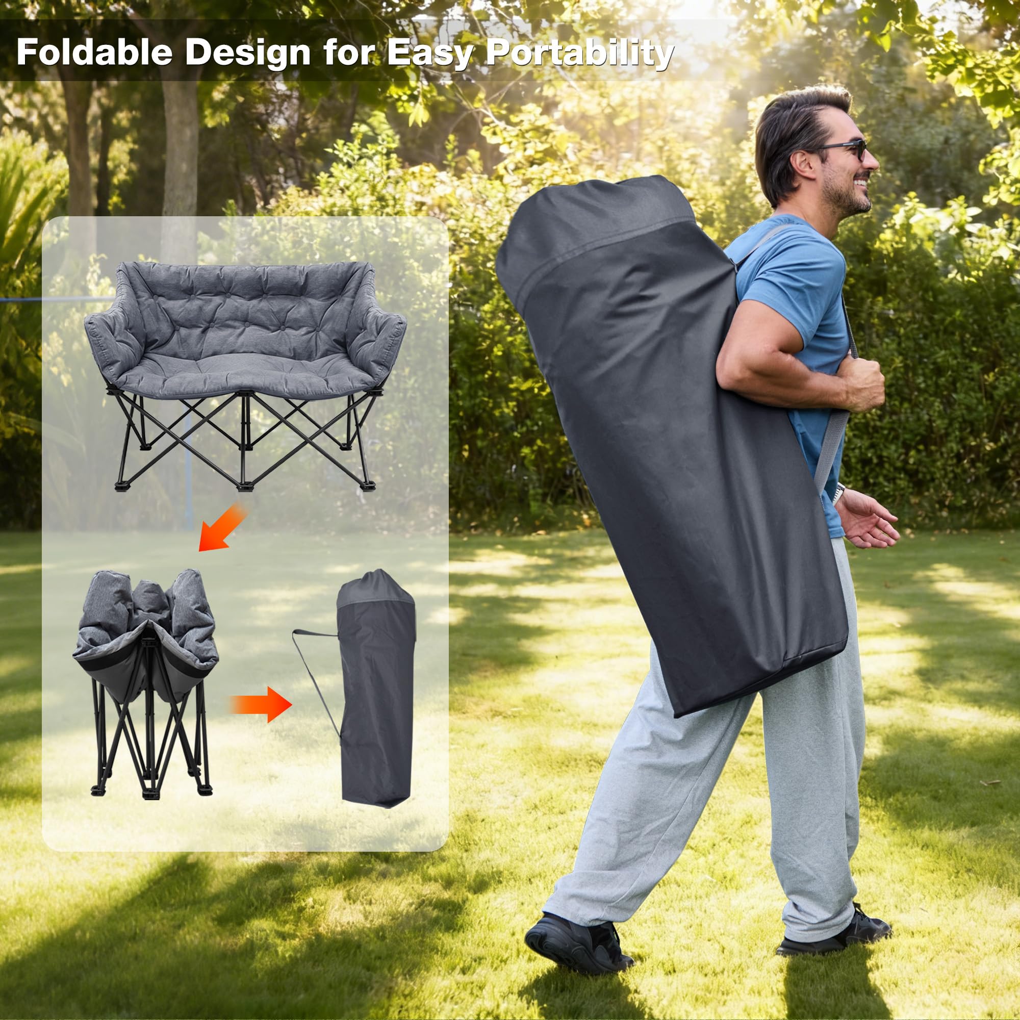 Double Camping Chair Heavy Duty Oversized Padded Loveseat for Adults 2 Person Outdoor Portable Camping Chairs for Lawn, Backyard, Fishing, Trip, Support 600lbs, Grey