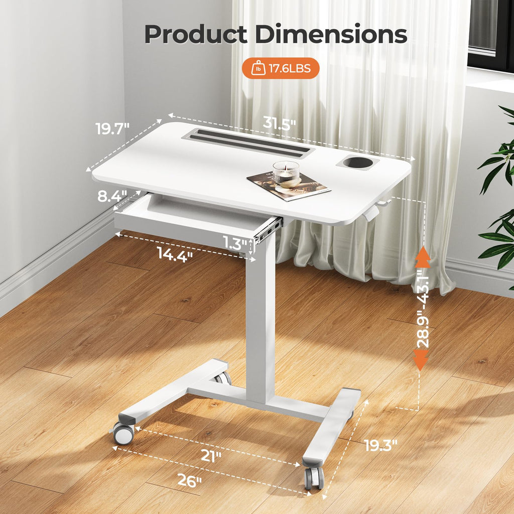 Small Mobile Standing Desk with Drawer, 23.6"x19.7" Rolling Laptop Cart on Wheels, Height Adjustable Sit Stand Computer Workstation with Storage for Compact Space, Black