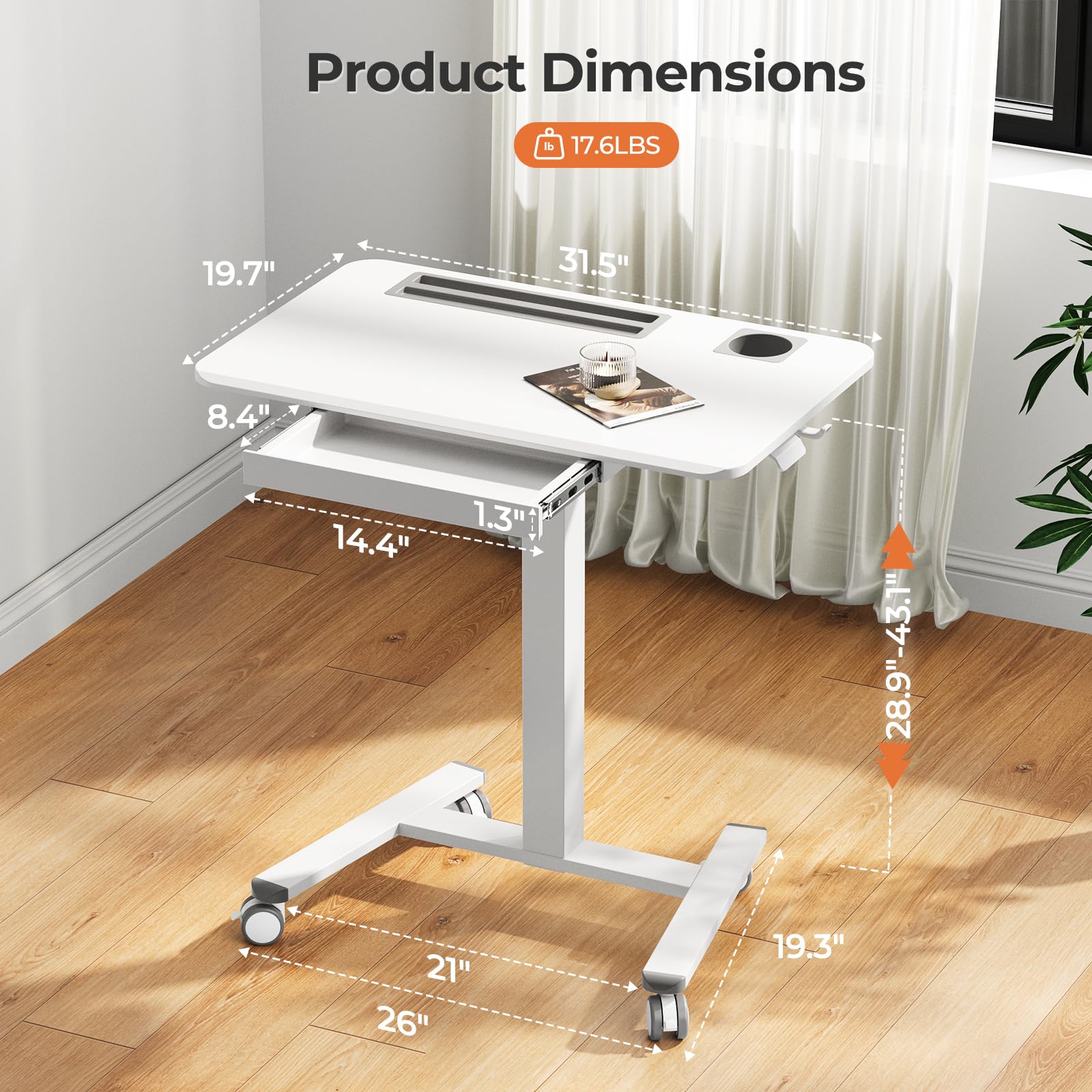 Small Mobile Standing Desk with Drawer, 23.6"x19.7" Rolling Laptop Cart on Wheels, Height Adjustable Sit Stand Computer Workstation with Storage for Compact Space, Black