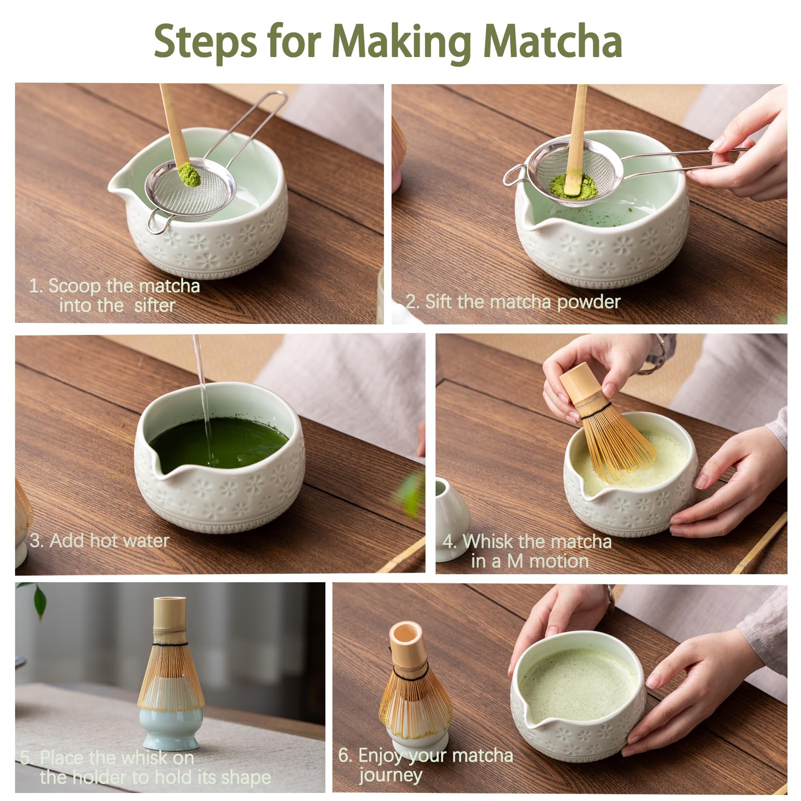 Buucup Matcha Whisk Set, Ceramic Matcha Kit Includes Matcha Bowl, Matcha Whisk and Holder, Bamboo Scoop, Scoop Rest, Sifter and Tea Towel - 7 Pcs Matcha Kit for Matcha Lovers (Blue)