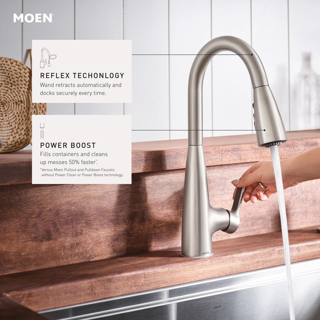 Moen Haelyn Pulldown Kitchen Faucet with Power Boost, 87627 | Pulldown sprayer, Power Boost technology, Soap dispenser included, Chrome finish, High arc faucet