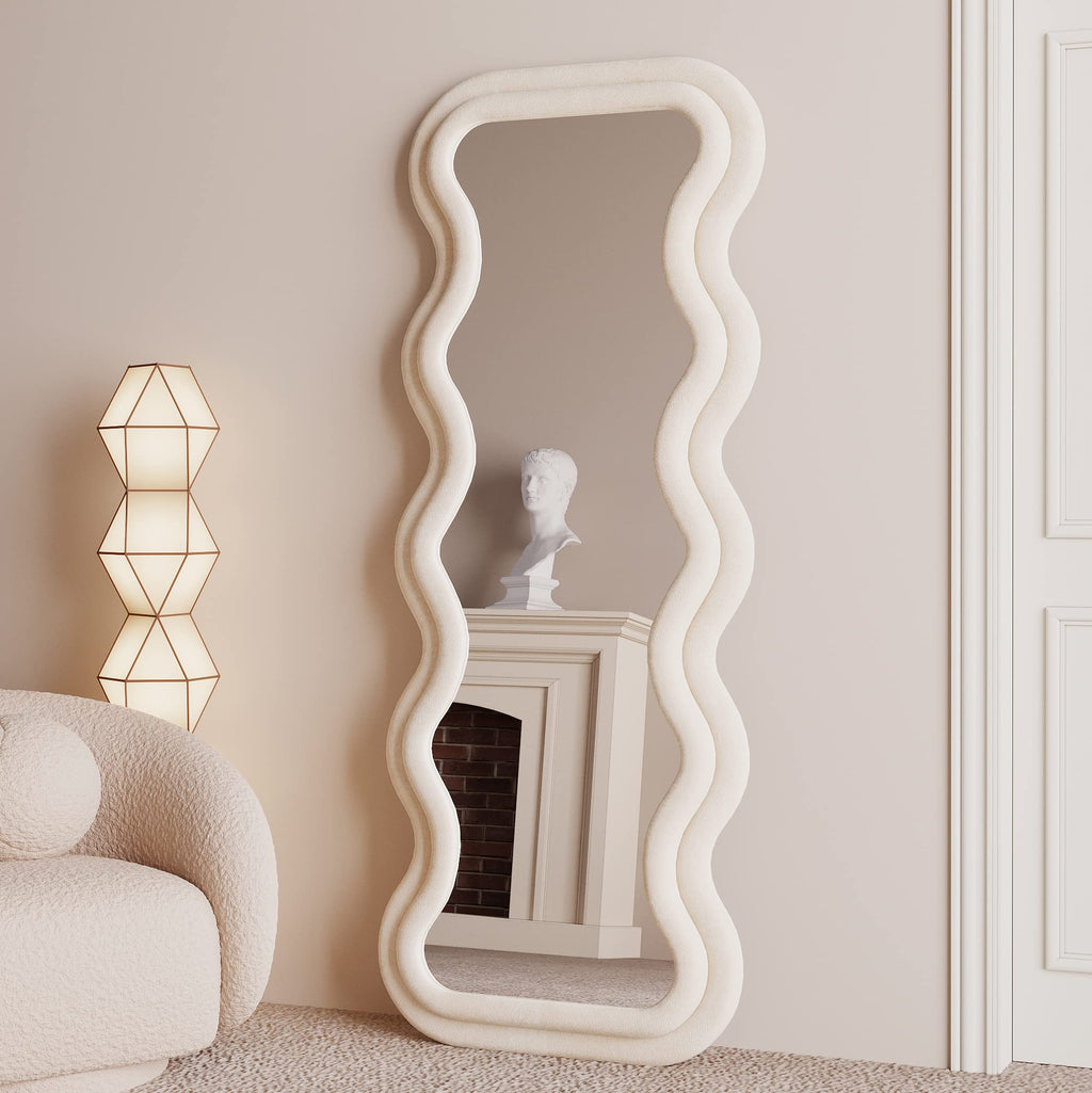 BOJOY Full Length Mirror, 63" x 24" Wall Mirror, Flannel Wrapped Wooden Frame Floor Mirror, Irregular Wavy Mirror Hanging or Leaning Against Wall for Cloakroom/Bedroom/Living Room, Black