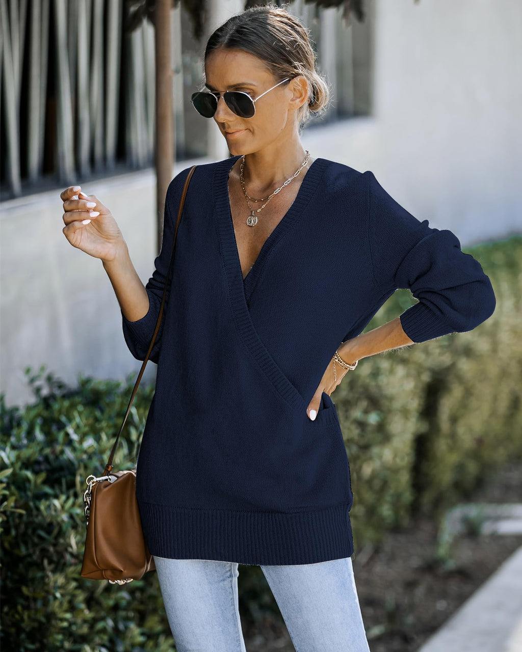 LookbookStore Women's Knit Long Sleeve Faux Wrap Surplice V Neck Sweater Top