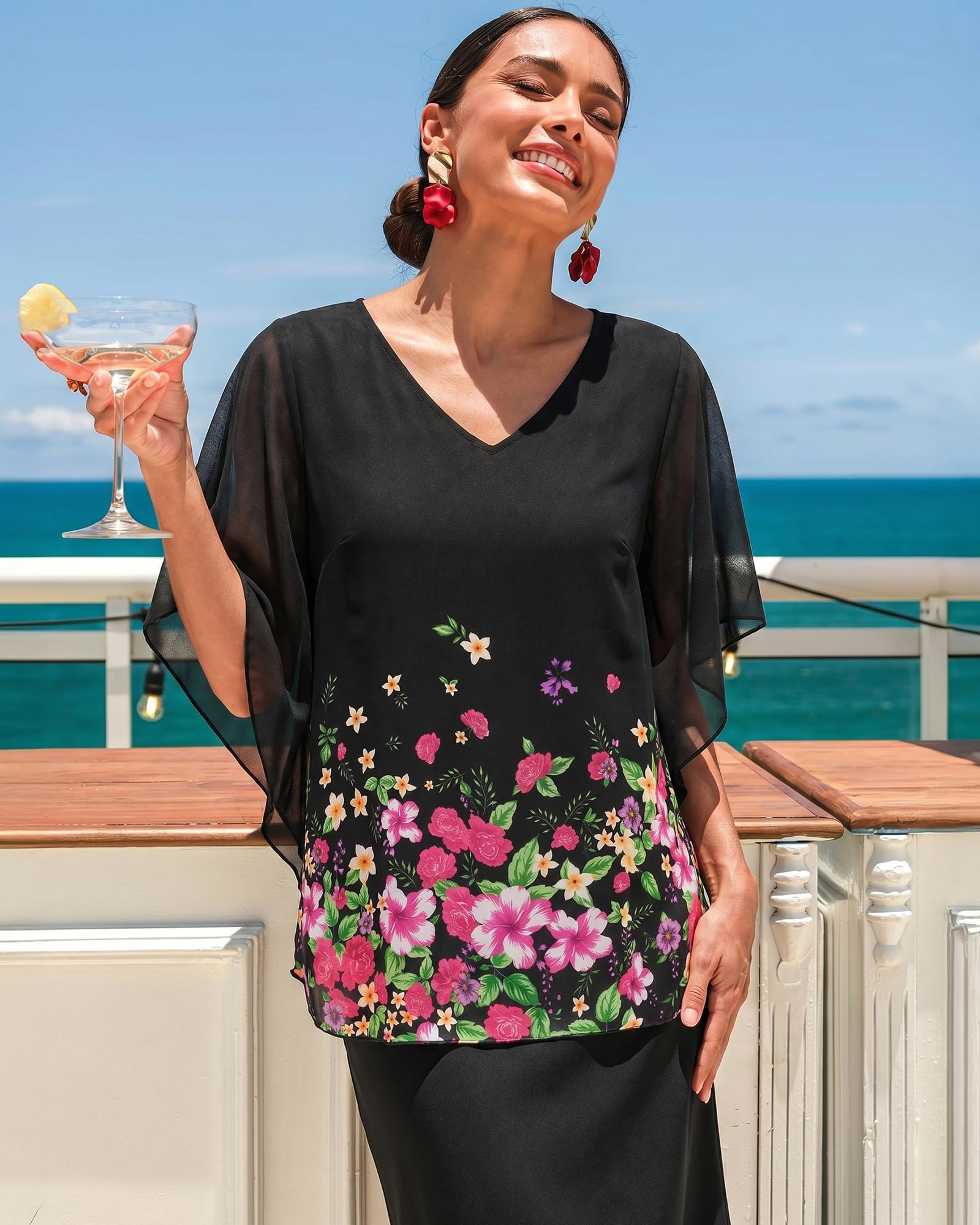 Lotusmile Women's Loose Flouncing Flutter Sleeve Double-Layered Shirt Chiffon Elegant Dressy Blouse Work Tops