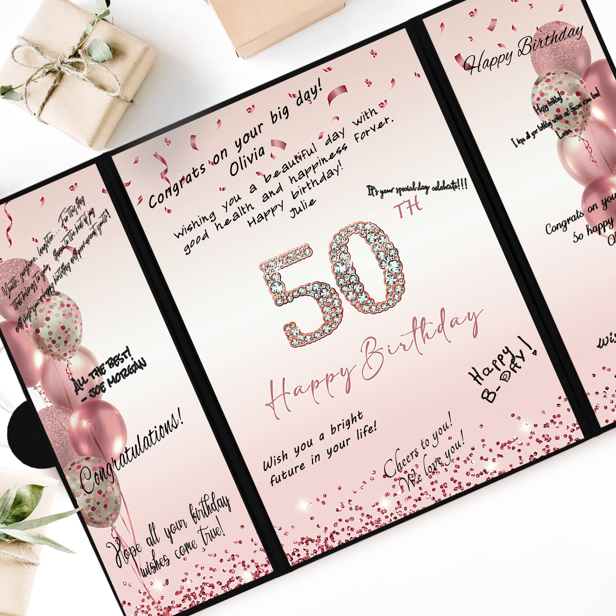 DARUNAXY Rose Gold 50th Birthday Party Decorations for Women, Happy 50th Birthday Alternative Signature Guest Book Black Pink 50 Birthday Signing Card Board Party Supplies Cheers to 50 Years Old Gift