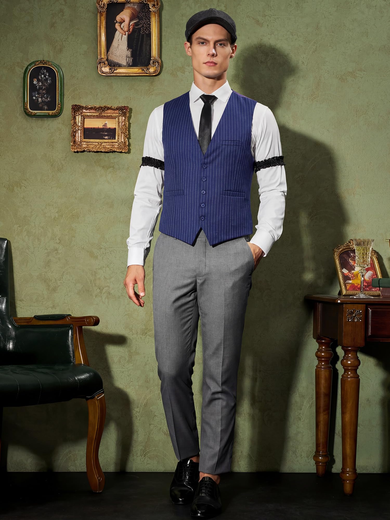 YESSA 1920s Mens Costume,Roaring 20s Costumes for Men,Gatsby Costume Men,1920s Mens Outfit Hat Vest Pocket Watch Tie