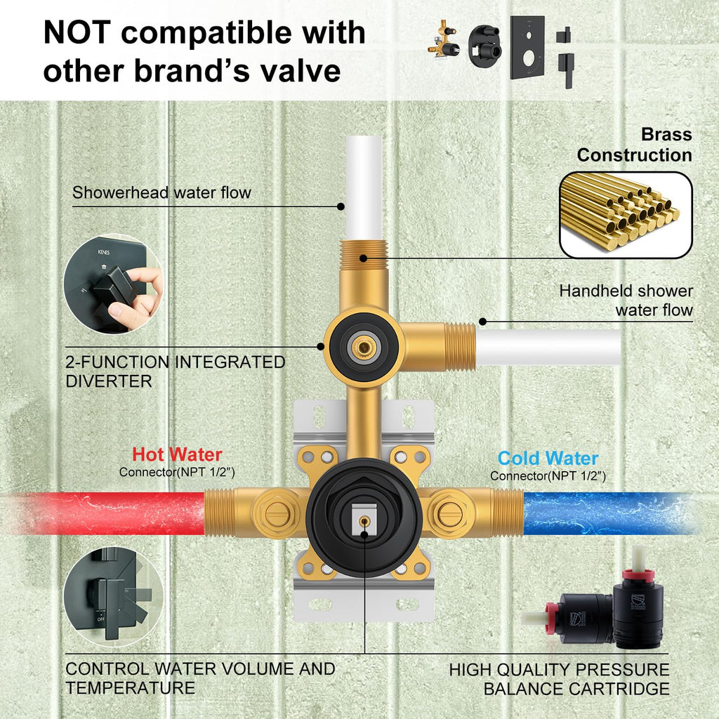KENES Brushed Nickel 10-Inch Shower Head and Handle Set, Square Shower Faucet Set Bathroom Rainfall Shower System Wall Mount, KE-6024B (Shower Valve Included)