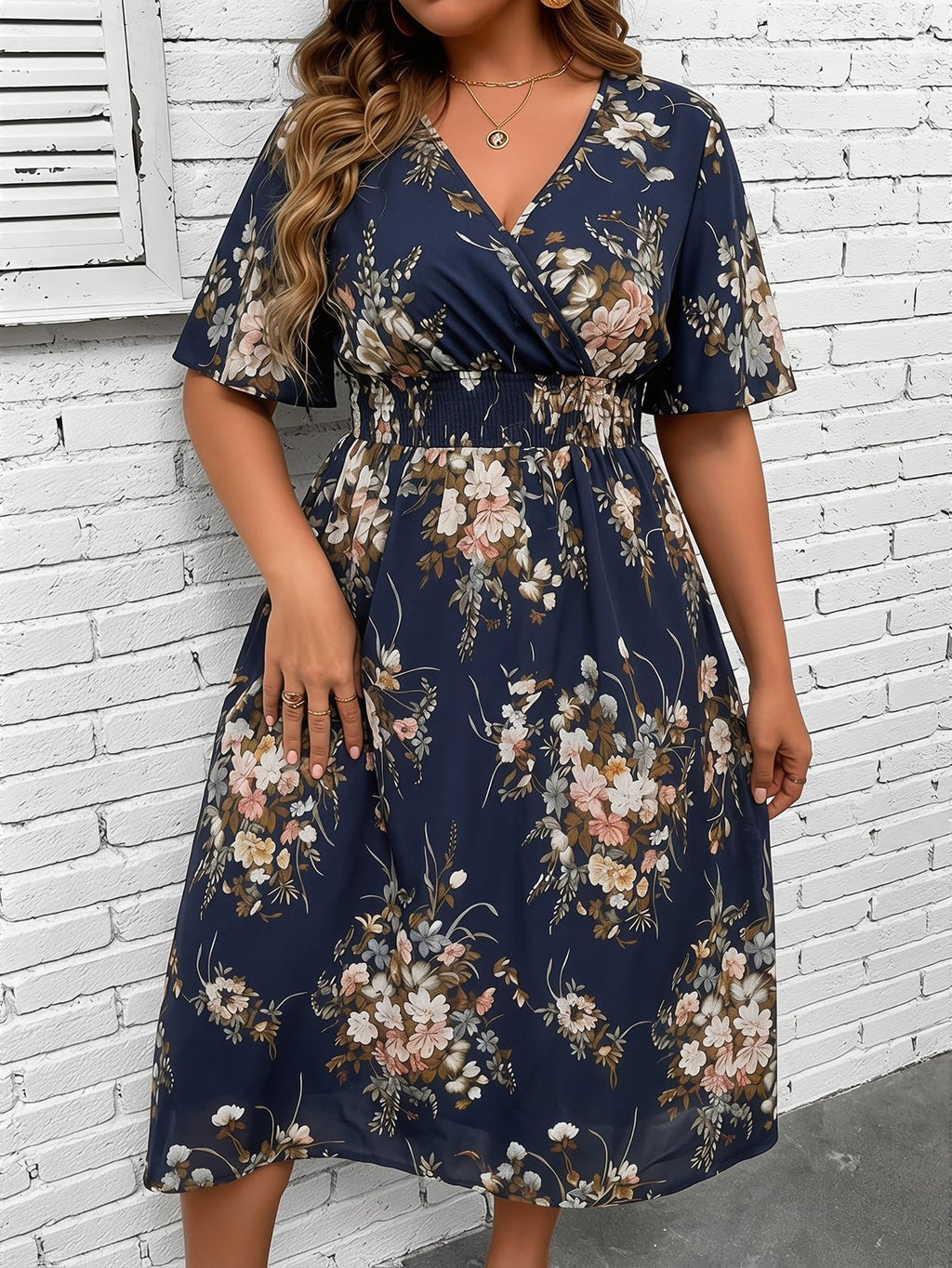 Floerns Women's Plus Size Boho Hawaiian Tropical Dresses V Neck Short Sleeve Floral A Line Long Dress Vacation Beach Outfits
