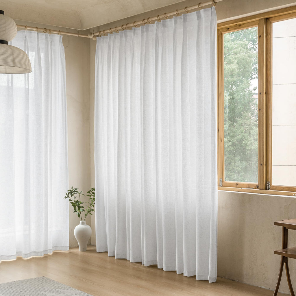 MAIHER Linen Textured Pleated Curtains 63 Inches Long for Living Room, Light Filtering Pinch Pleat Semi Sheer Drapes Curtains with Tieback and Hooks, Natural Linen (1 Panel, 54" W x 63" L)