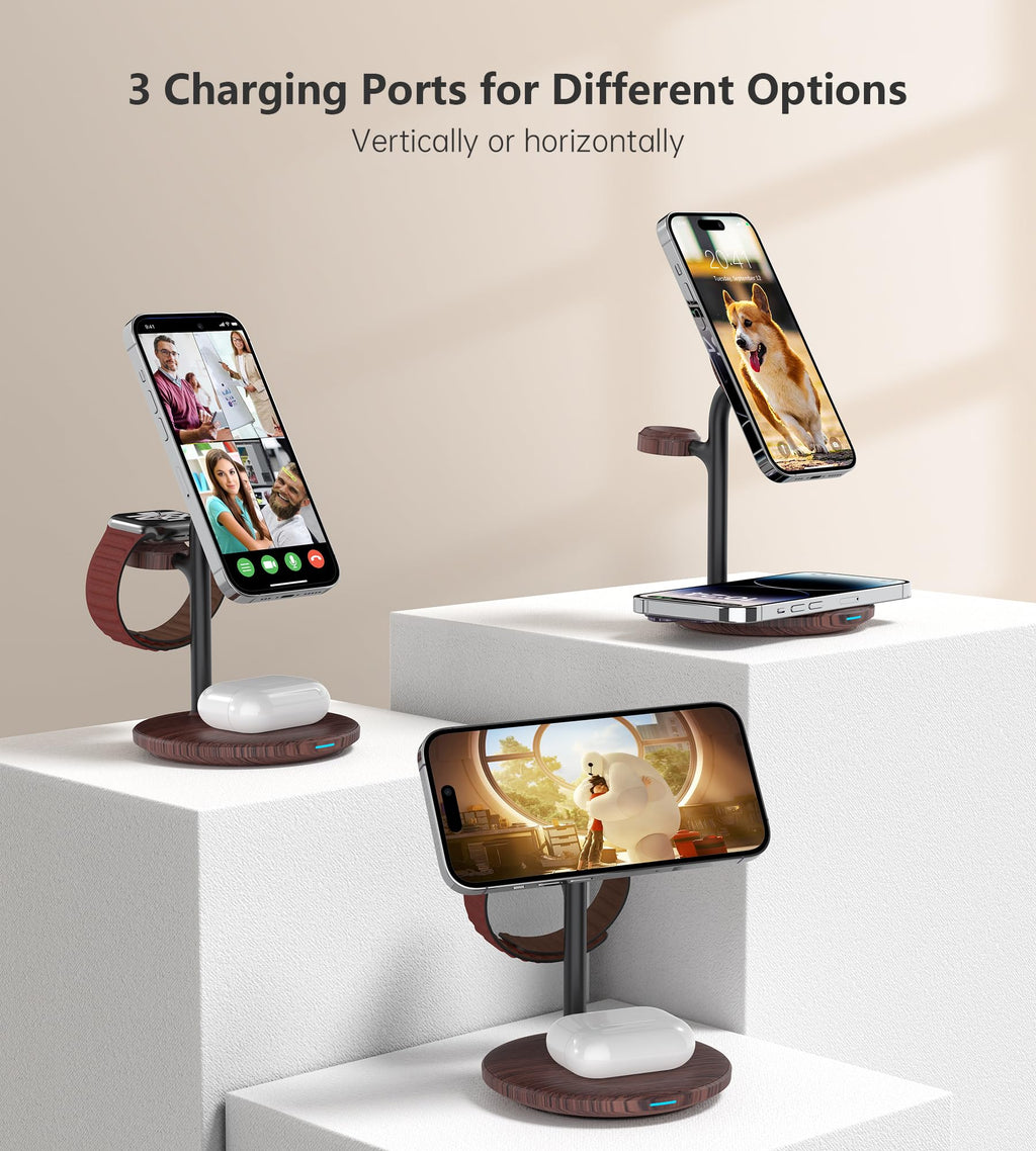 XooFly 3 in 1 Wireless Charging Station for Apple Devices, Fast Wireless Mag-Safe Charger Stand with 20W Adapter for iPhone 17/16 15 14 13 12 Pro Max/Pro/Plus/Air/Mini, iWatch, AirPods (Black)