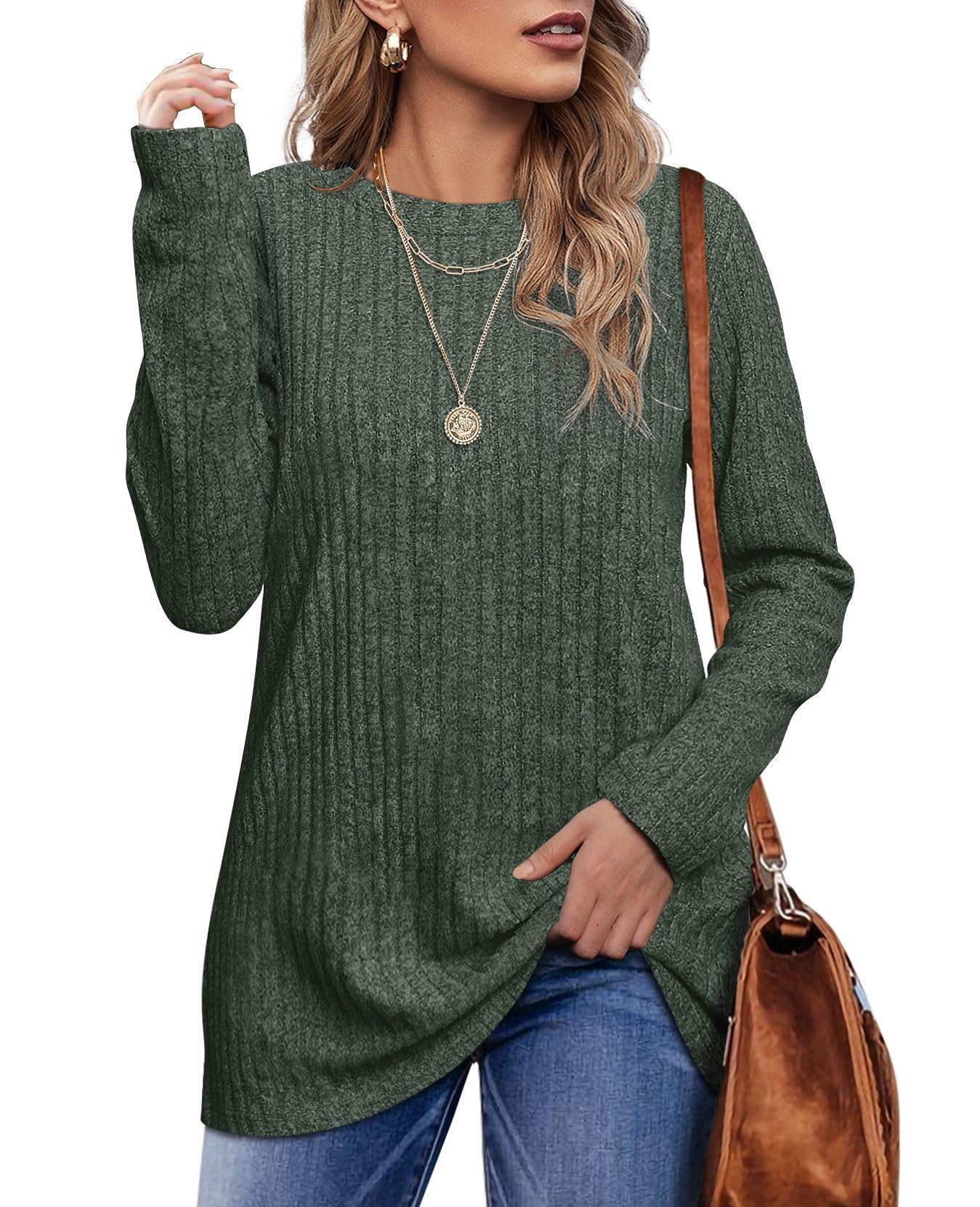 OFEEFAN Long Sleeve Shirts for Women Loose Fit Crew Neck Tunic Tops Blouse Dressy Casual Fall Winter Clothes Outfits
