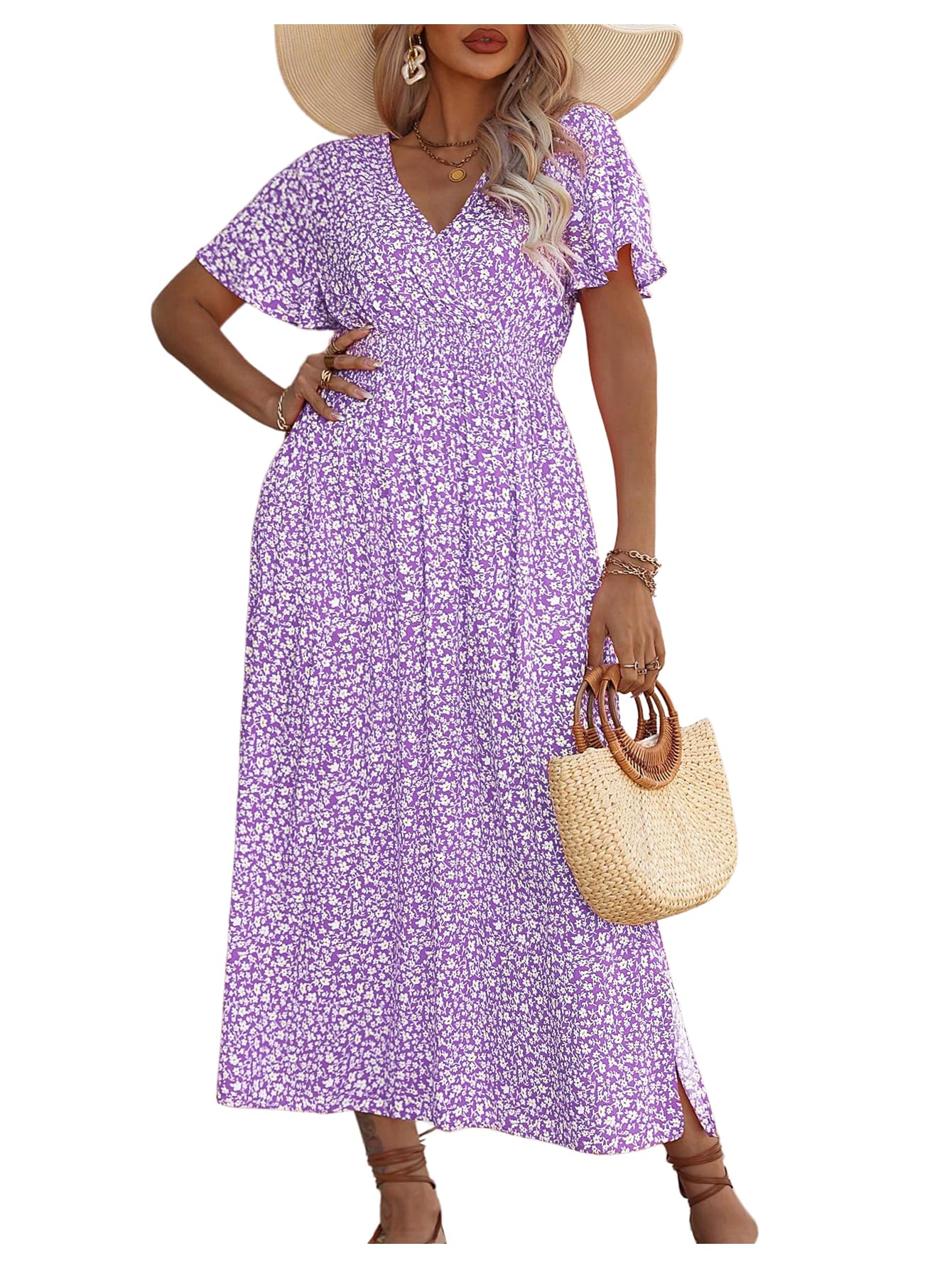 Floerns Women's Plus Size Boho Hawaiian Tropical Dresses V Neck Short Sleeve Floral A Line Long Dress Vacation Beach Outfits