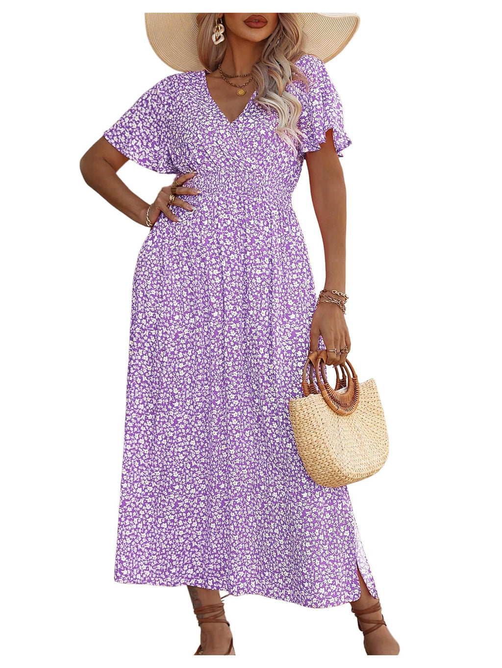 Floerns Women's Plus Size Boho Hawaiian Tropical Dresses V Neck Short Sleeve Floral A Line Long Dress Vacation Beach Outfits
