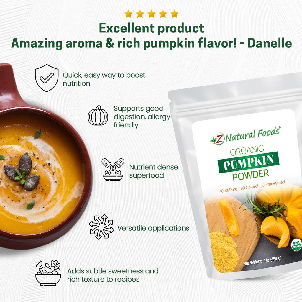 Z Natural Foods Organic Pumpkin Powder - Pure Powdered Pumpkin for Delicious Pumpkin Spice Latte, Baking, Smoothies, Juice, Puree - Dried Sweet Vegan Pumpkin Powder, Gluten Free, Kosher, 1 lb