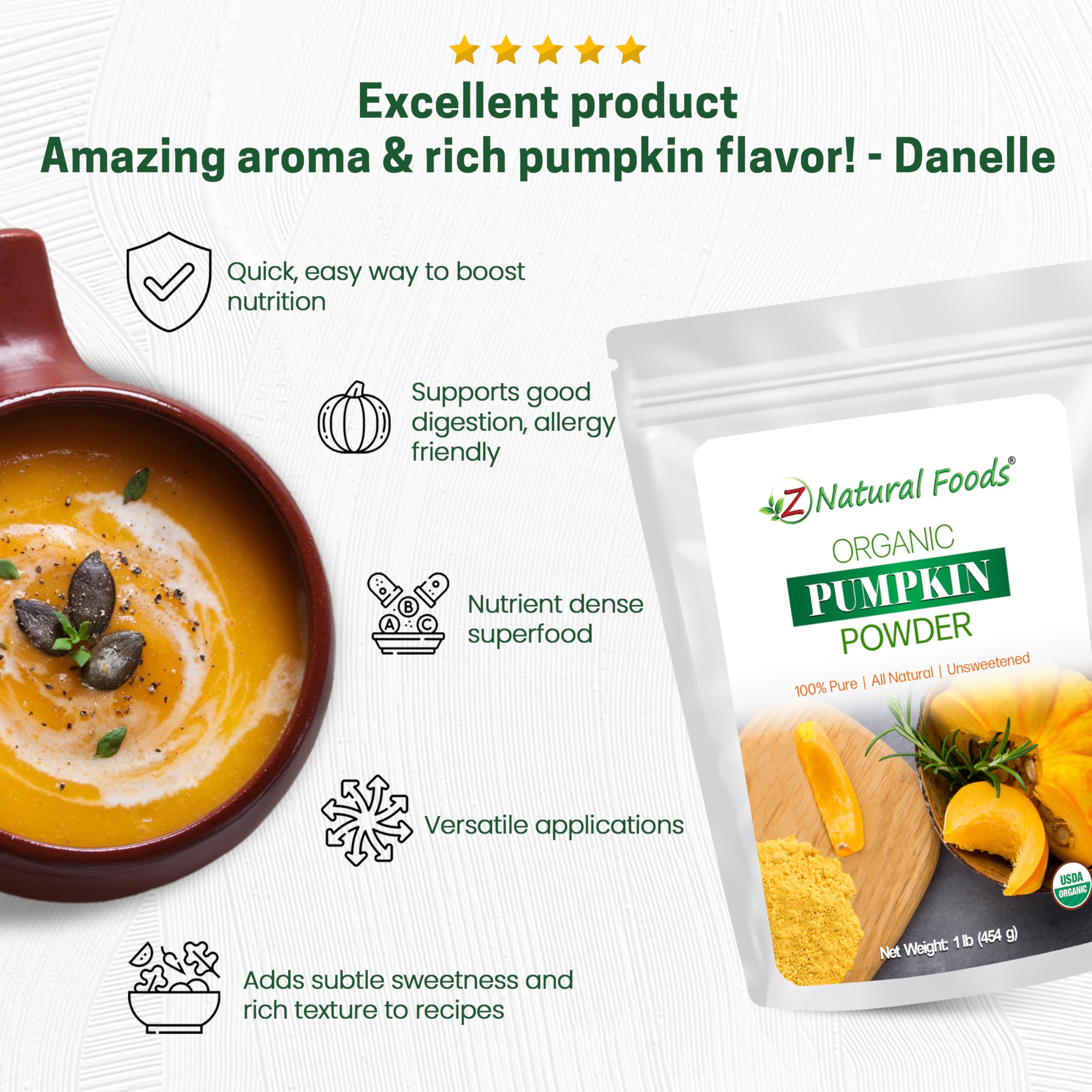 Z Natural Foods Organic Pumpkin Powder - Pure Powdered Pumpkin for Delicious Pumpkin Spice Latte, Baking, Smoothies, Juice, Puree - Dried Sweet Vegan Pumpkin Powder, Gluten Free, Kosher, 1 lb