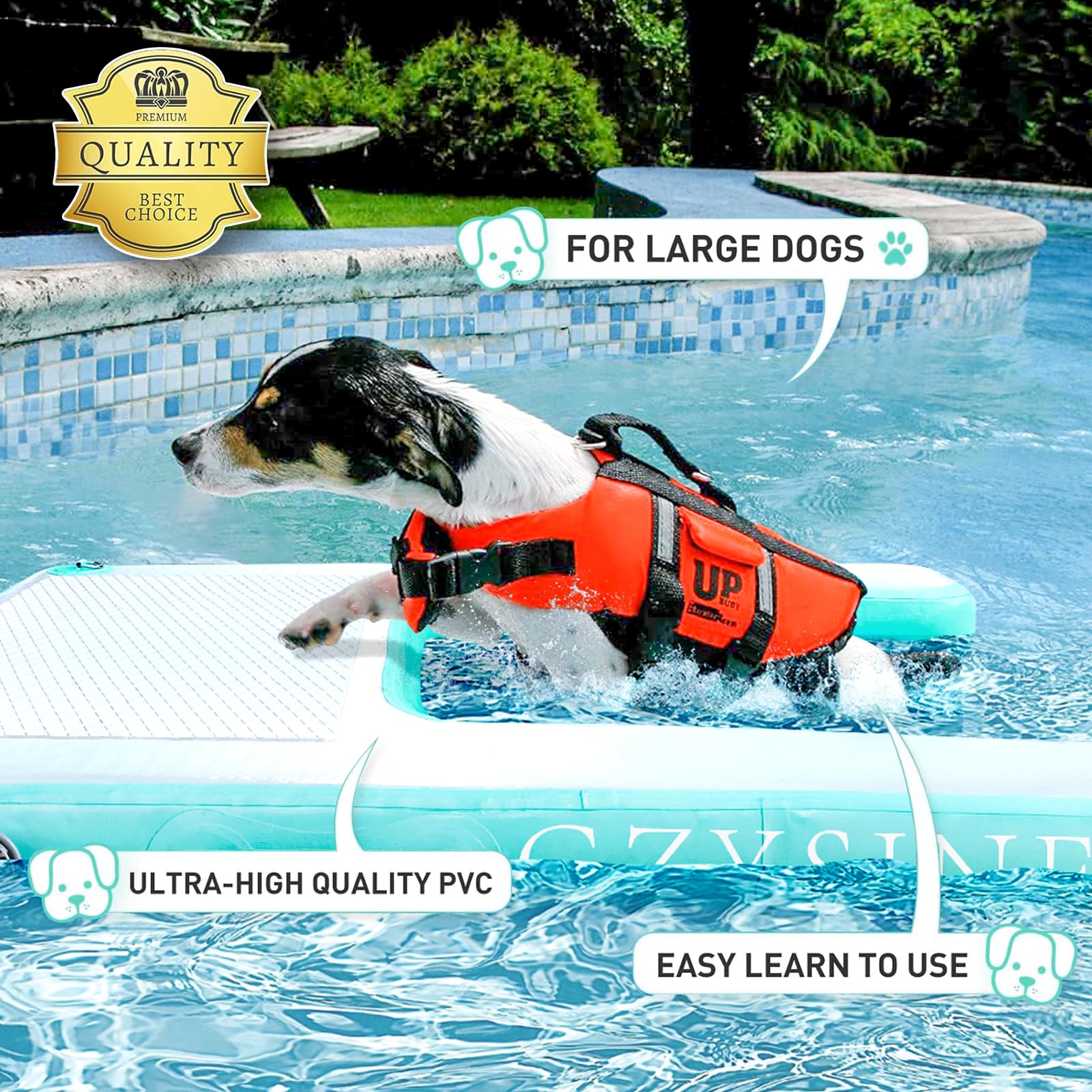Inflatable Large Dog Water Ramp Float Floating Ramp-Swimming Pets Up to 200 Pounds Large Dogs-Inflatable Stairs for Boats, Docks, with Pump/Rope/Repair Kit - PVC Anti-Slip Fabric (Black)
